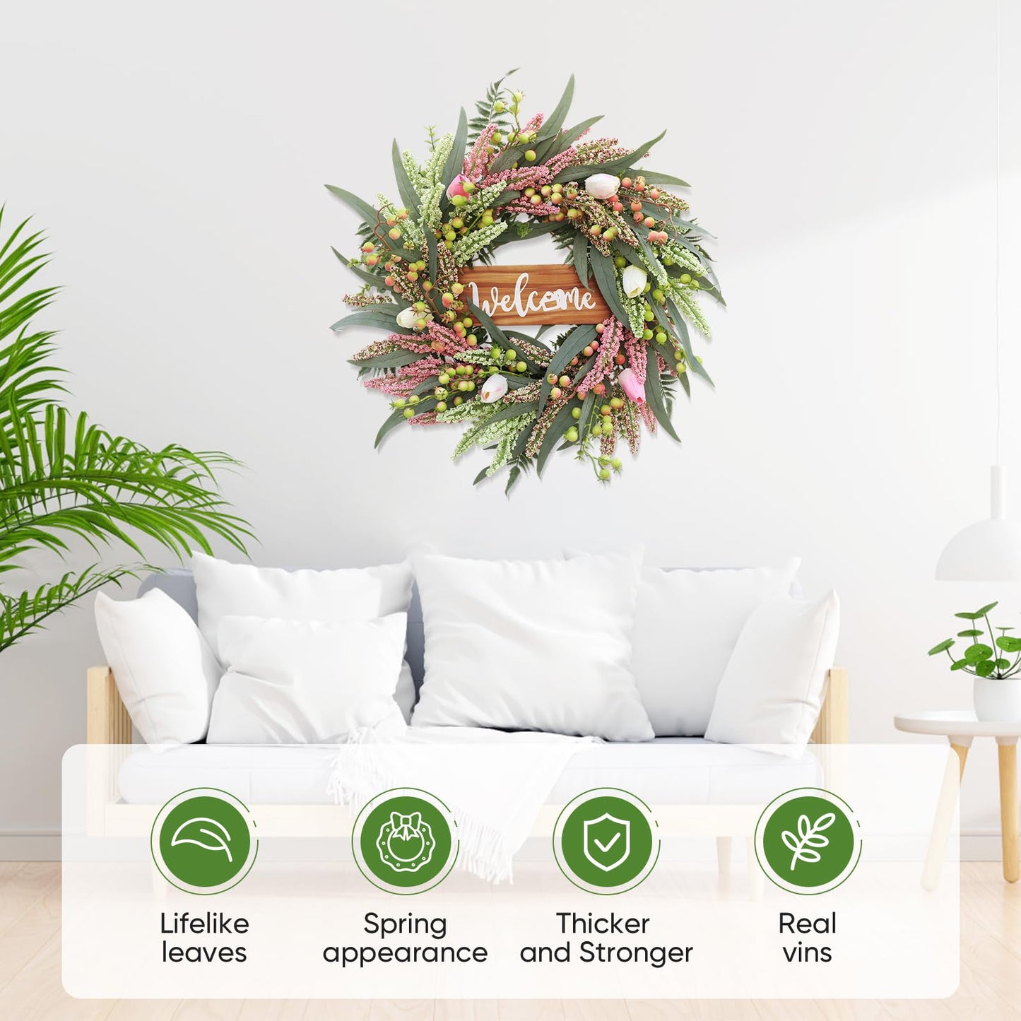 Wreaths for Front Door 24 Inch Spring Summer Tulip Wreath withTulip,Berries,Boxwood and Cattails Welcome Door Wreath, Porch, Window Green Decor for Home, Farmhouse - Spring, Summer, Fall, All Seasons