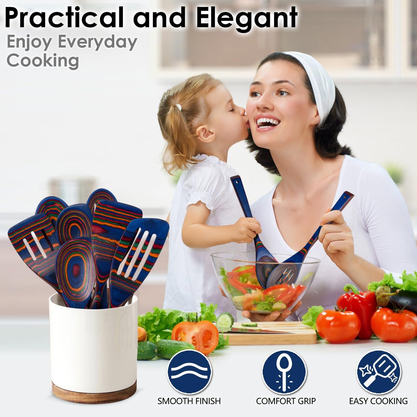 Wooden Spoons for Cooking, 7 Pcs Pakkawood Wooden Kitchen Cooking Spoon Utensil Tools Set Includes Spatula Corner Spoon Rice Paddle Friendly to Non-Stick Cookware by HOWHONG (Spectrum)