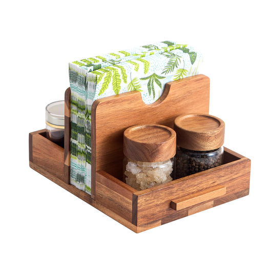 Decent Vrvege Napkin Holder, Napkin Holders with Built-in Salt Pepper Shakers Caddy, Acacia Wood Napkins Dispenser for Dining Table Countertop, Upright Paper Stand - Keep Your Kitchen Tidy & Organized