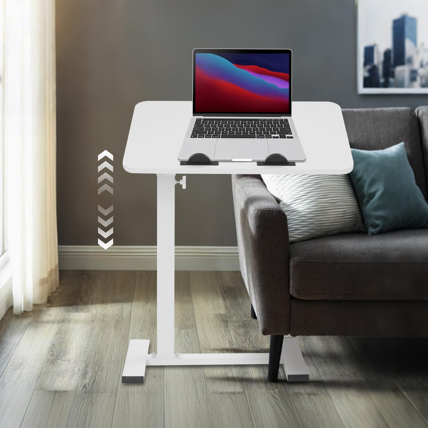 Adjustable Overbed Side Table with Wheels, C Shaped Laptop Desk, Mobile Standing Computer Tray Tables, Rolling 180°Swivel Top Flip Laptop Stand Table for Sofa and Bed, Home Office Use (White)