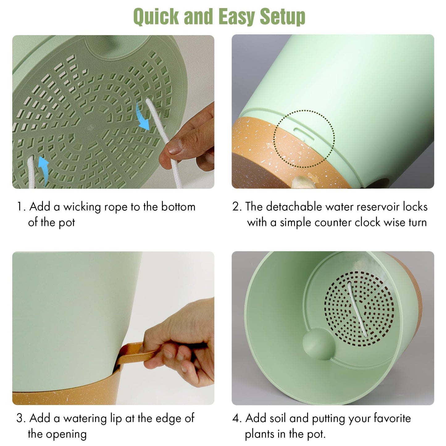 WSMKSZ 4 inch Self Watering Pots for Indoor Outdoor Plants, 6 Pack Plastic Flower Planters with Drainage Holes and Removable Saucers, Plant Pots with Wicking Rope, Modern Decor, Green Brown