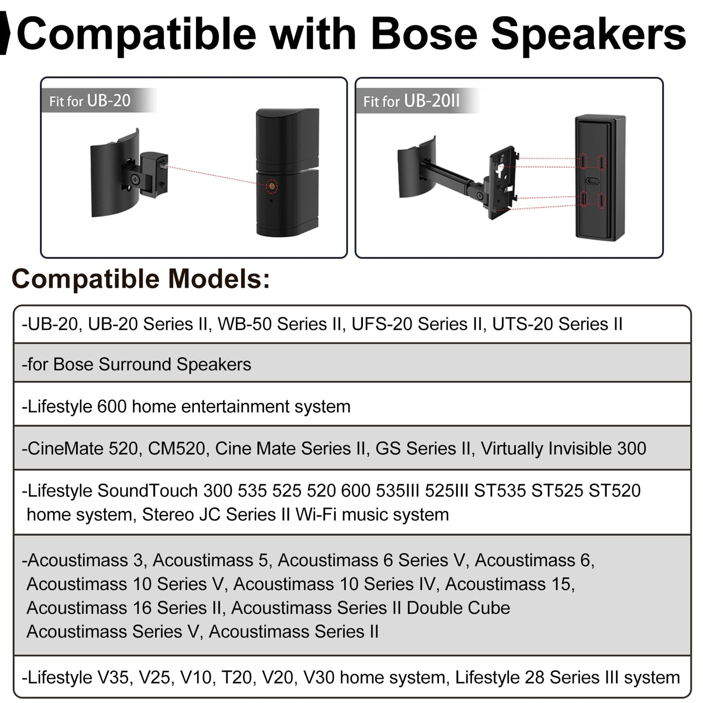 Speaker Wall Mount and Ceiling Mount for Bose UB-20, UB-20 & WB-50 Series II Surround Sound Speaker Mounting Bracket Compatible with Bose CineMate Lifestyle Tilt & Swivel Adjustable up to 180°,Black