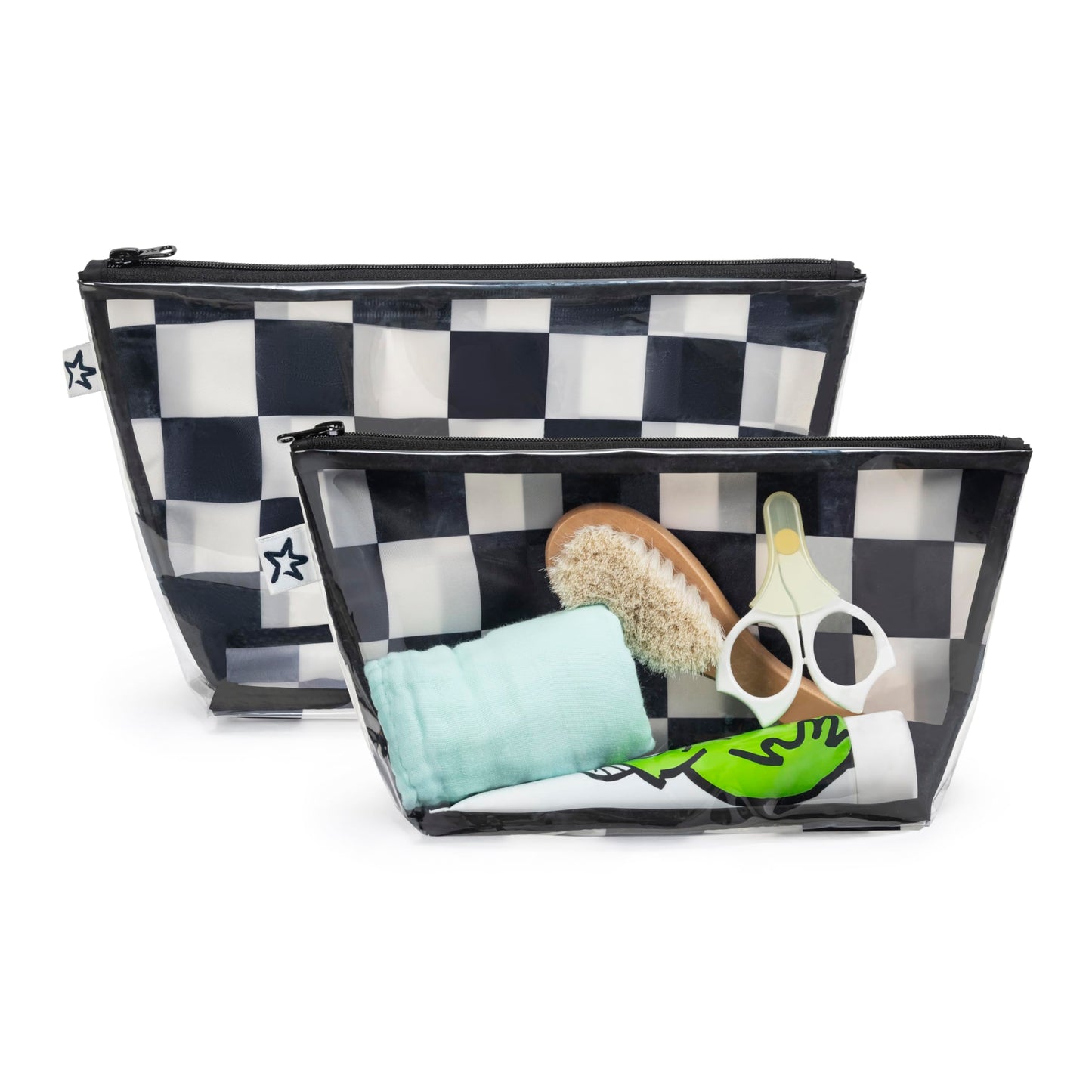 Tiny Twinkle Mess-proof Travel Bags, Airline Compliant, Zipper Closure, Clear Front Pouch, Diaper Bag Packing, Toiletry or Cosmetics Organizer 2 Pack Set (Black Checkers)