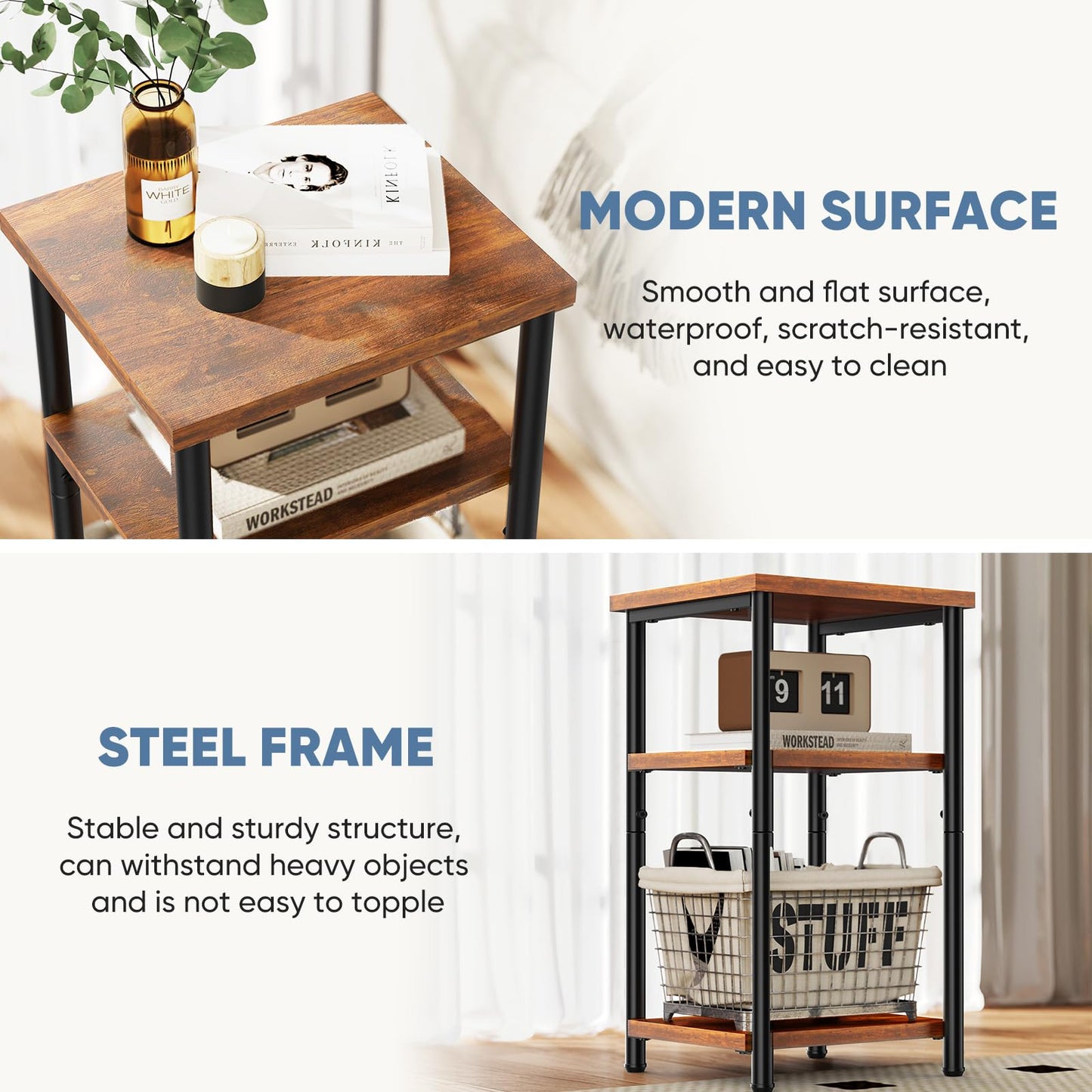 DUMOS End Table, 3 Tier Side Sofa Tables for Small Space, Storage Shelf, Nightstand with Adjustable Feet for Living Room, Bedroom, Office, Set of 1, Rustic Brown