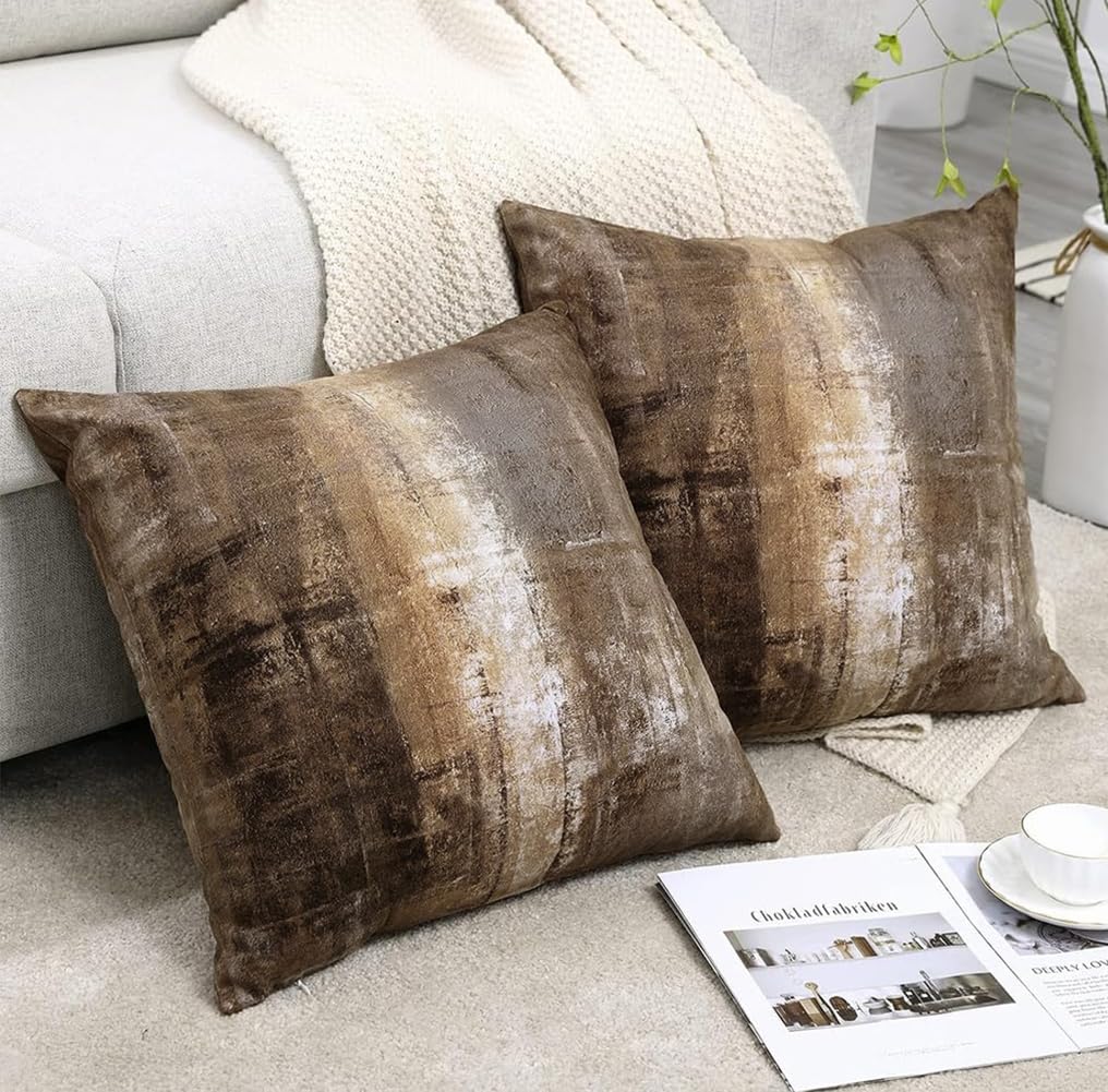 Alricc Decorative Abstract Art Throw Pillow Covers 18x18 (Set of 2) - Modern Oil Painting Textured for Couch, Living Room, Bed - Dark Brown Contemporary Design