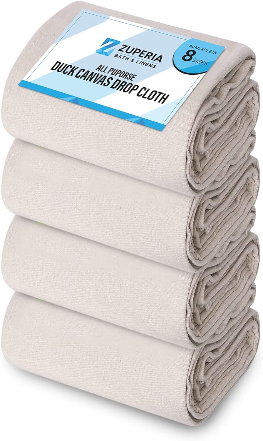 ZUPERIA Canvas Drop Cloth for Painting (Size 6'x9' Feet Pack of 4) Painters Drop Cloth for Painting, Furniture & Floor Protection All Purpose Thick Canvas tarp with Double Stitched Edges