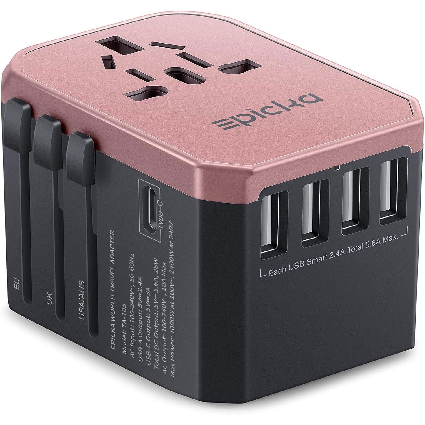 EPICKA Universal Travel Adapter, European Travel Plug Adapter - International Power Adapter Worldwide Charger with USB-C & 4 USB-A Ports, Travel Essentials for Italy, Japan, Europe, UK (TA-105, Grey)