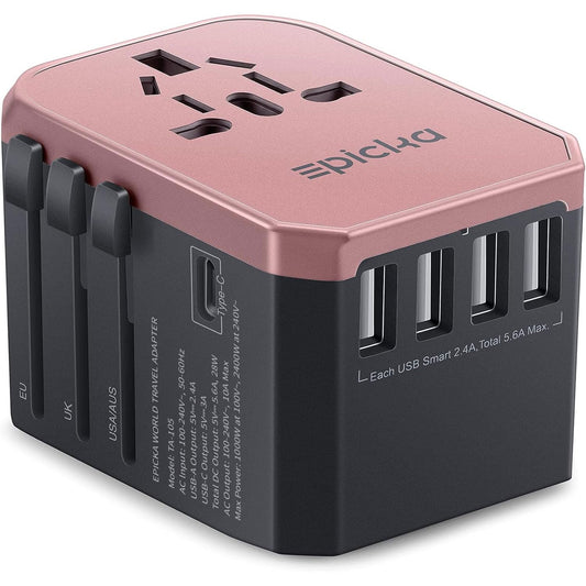 EPICKA Universal Travel Adapter, European Travel Plug Adapter - International Power Adapter Worldwide Charger with USB-C & 4 USB-A Ports, Travel Essentials for Italy, Japan, Europe, UK (TA-105, Grey)