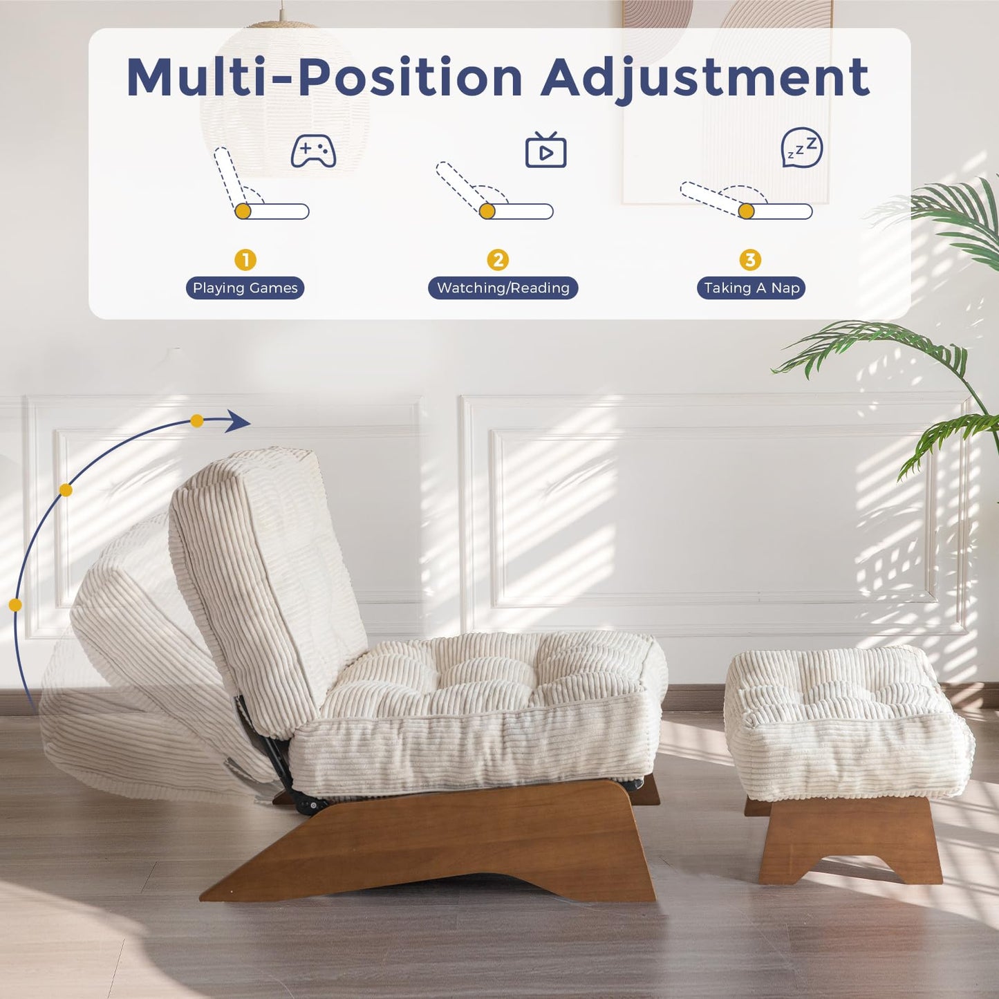 MAXYOYO Accent Chair with Ottoman Adjustable Backrest, Tufted Living Room Chair Upholstered Lounge Chair with Footrest Set, Modern Chair Cozy Reclining Chair for Reading Room, Beige