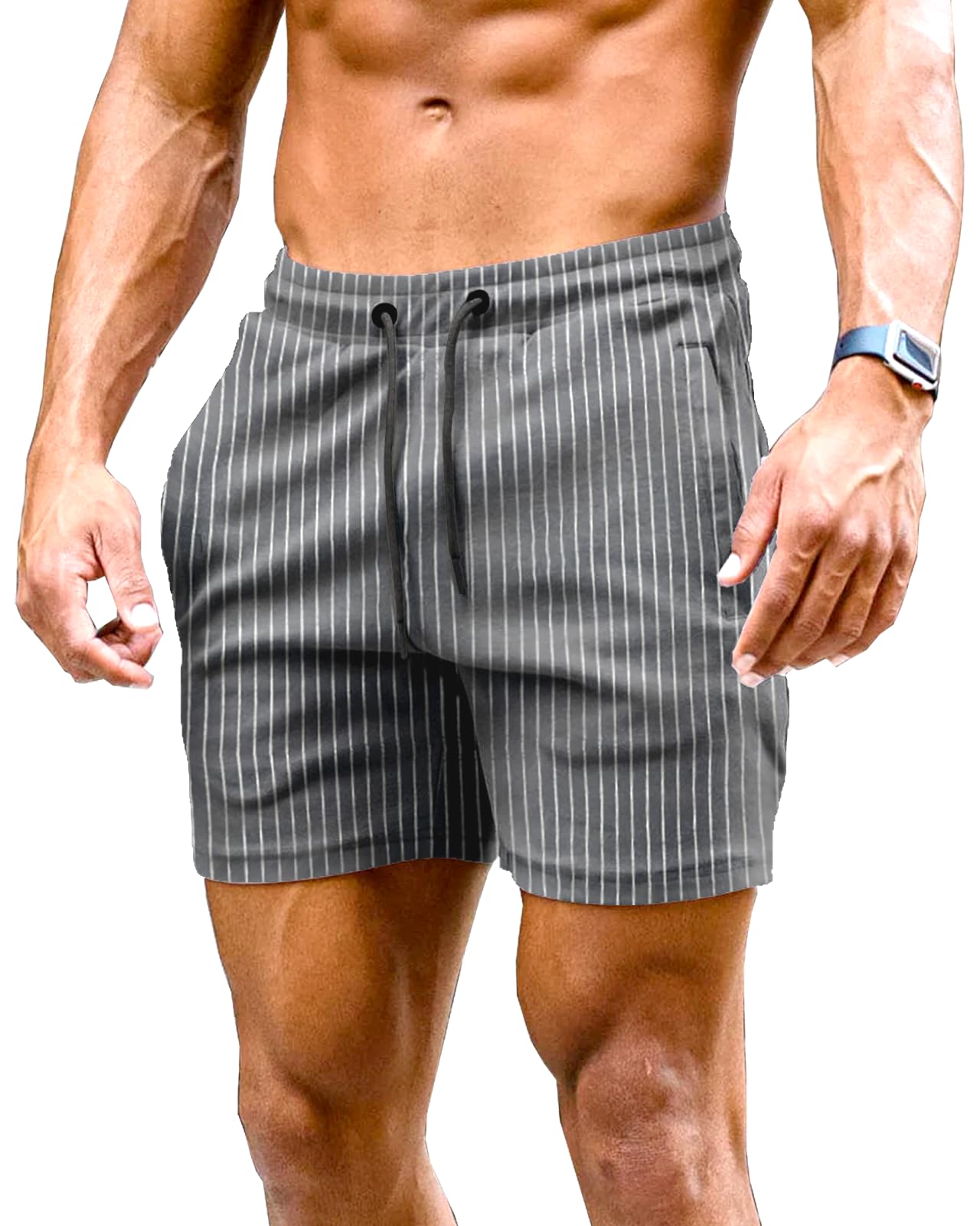 Lehmanlin Men's Sports Fitness Shorts, Cotton 5 Inch Inseam Shorts, Striped Casual Athletic Jogger Short (Stripe Dark Gray-L)