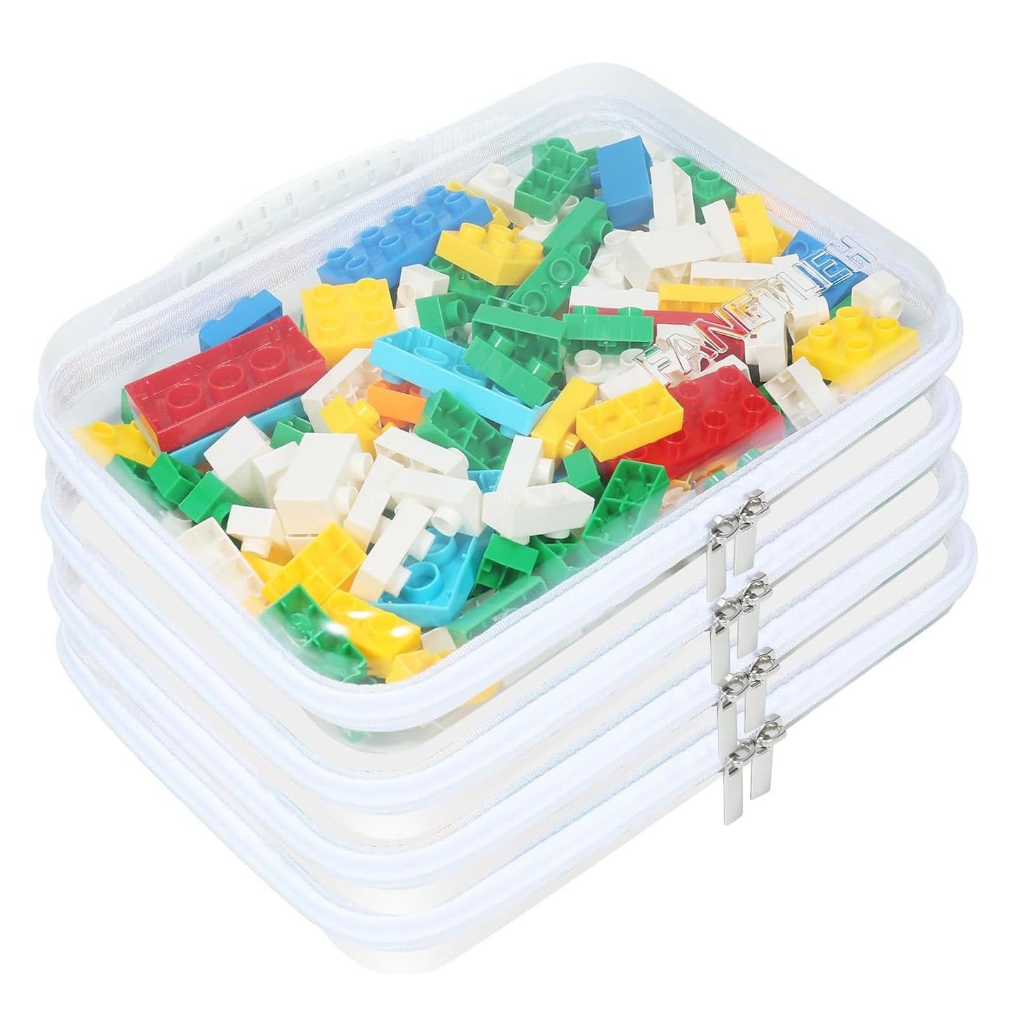 4Pack Zippered Hard Pouch, Clear Hard Shell Zipper Case, Clear Plastic Pouches Travel Bags for Kids, Storage for Building Blocks, Puzzles, Cosmetics, Crafting Supplies