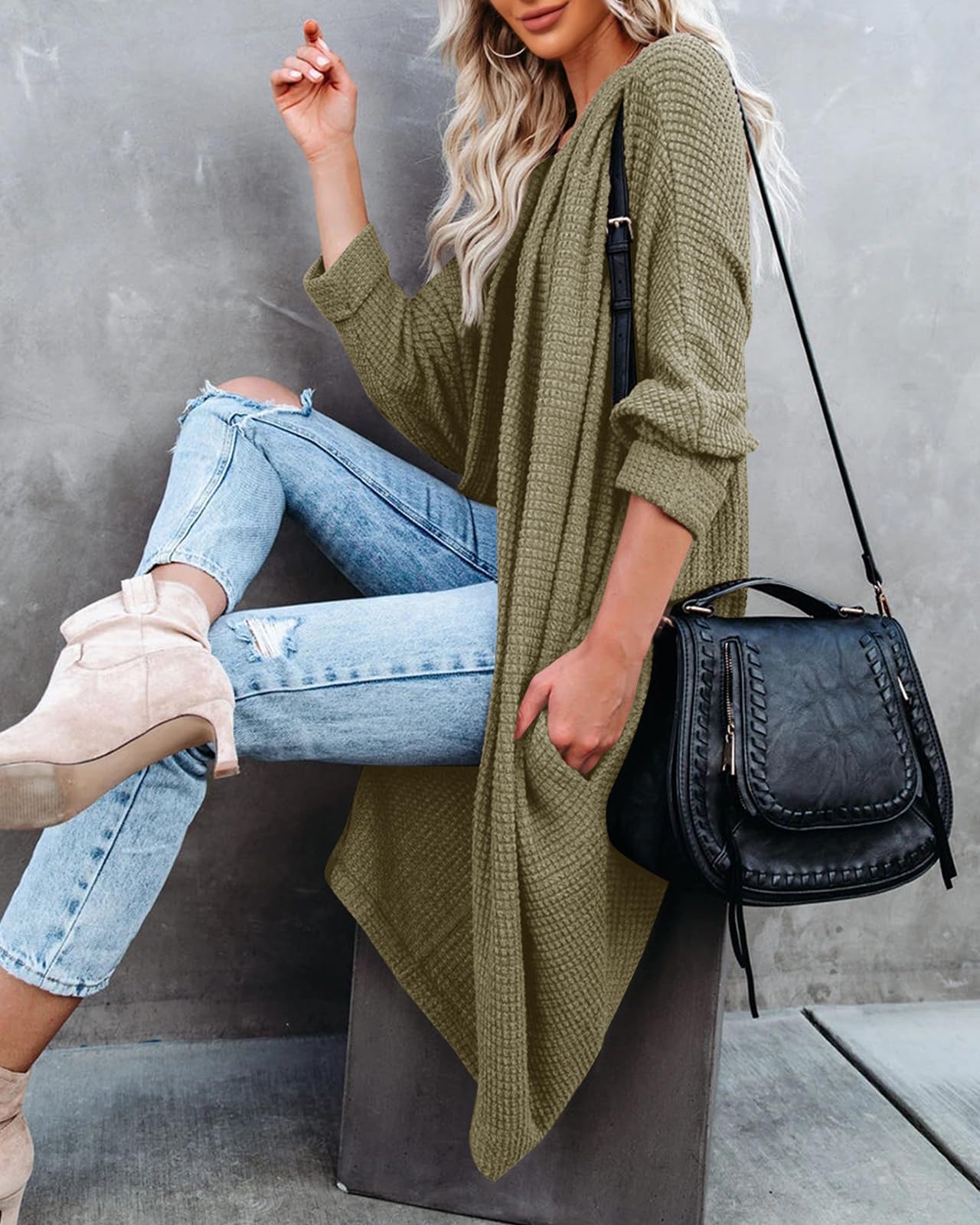ZoeAce Womens Open Front Knit Cardigan Long Batwing Sleeve Oversized Sweater Chunky Waffle Cable Boho Pockets Coat Olive