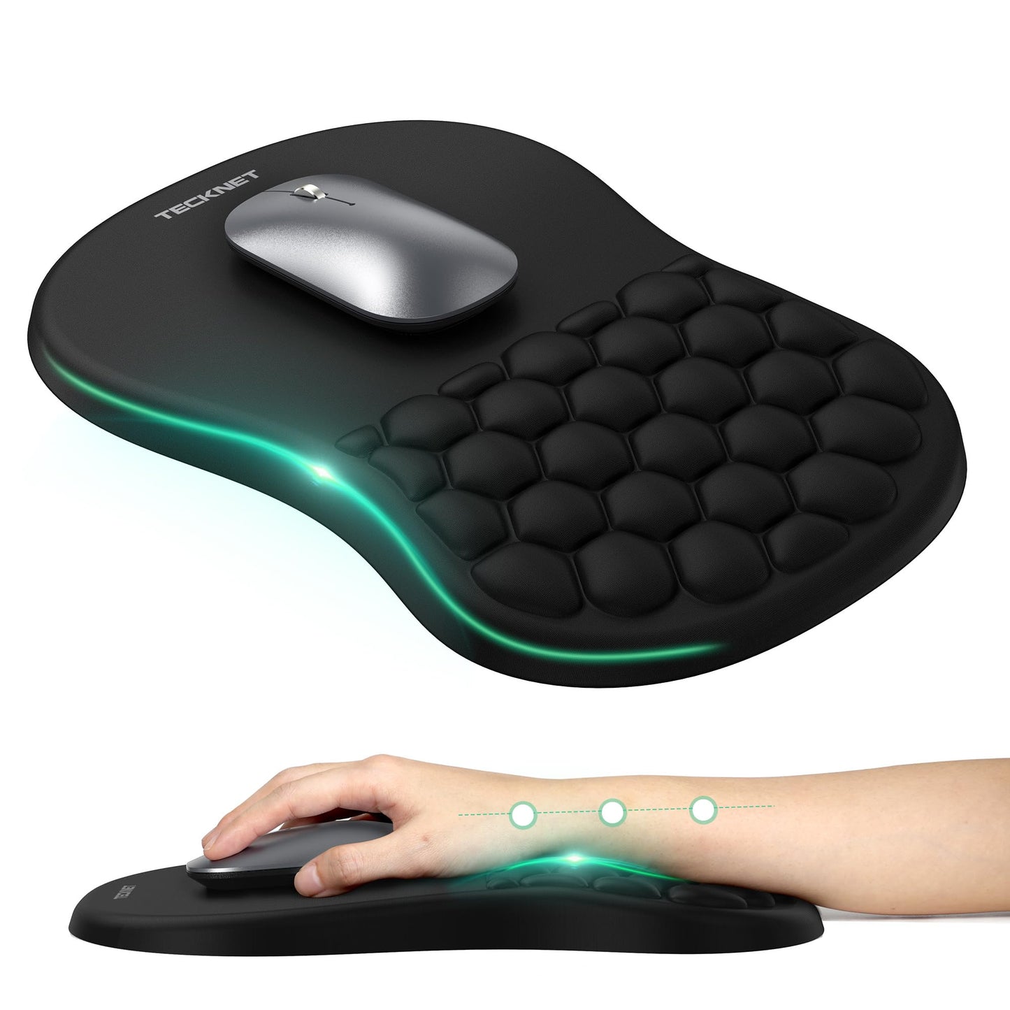 TECKNET Ergonomic Mouse Pad with Wrist Rest, Soft Mousepad with Massage Design, Memory Foam and Non-Slip PU Base for Pain Relief, Gaming Mouse Pad for Desk, Home, Office, 12x8 Inches, Black