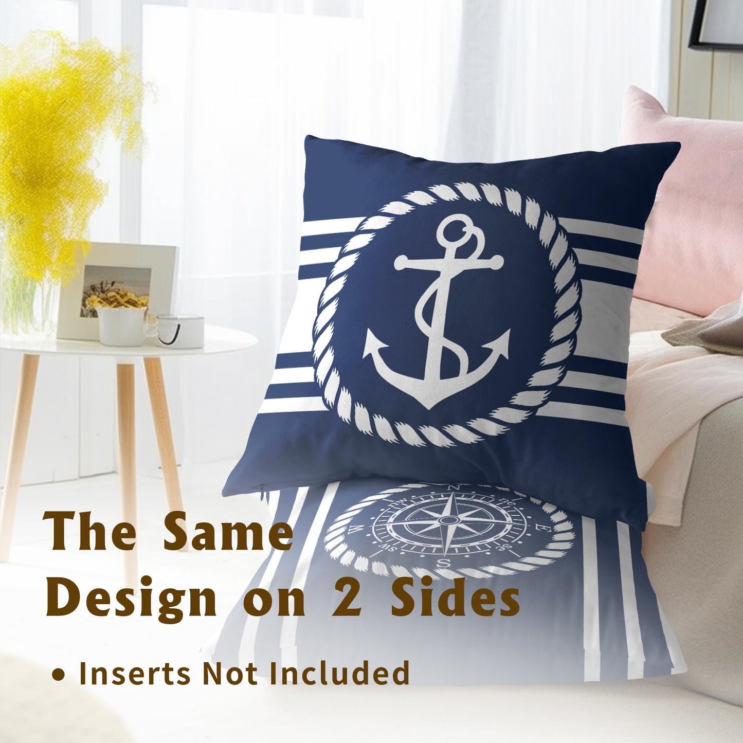 Navy Blue and White Anchors Pillowcovers Ocean Summer Throw Pillow Covers Coastal Nautical Cushion Case for Sofa Home Decor Bedroom Living Room Outdoor 18 x 18 Inches Set of 2 Beach Theme Pillow Cover