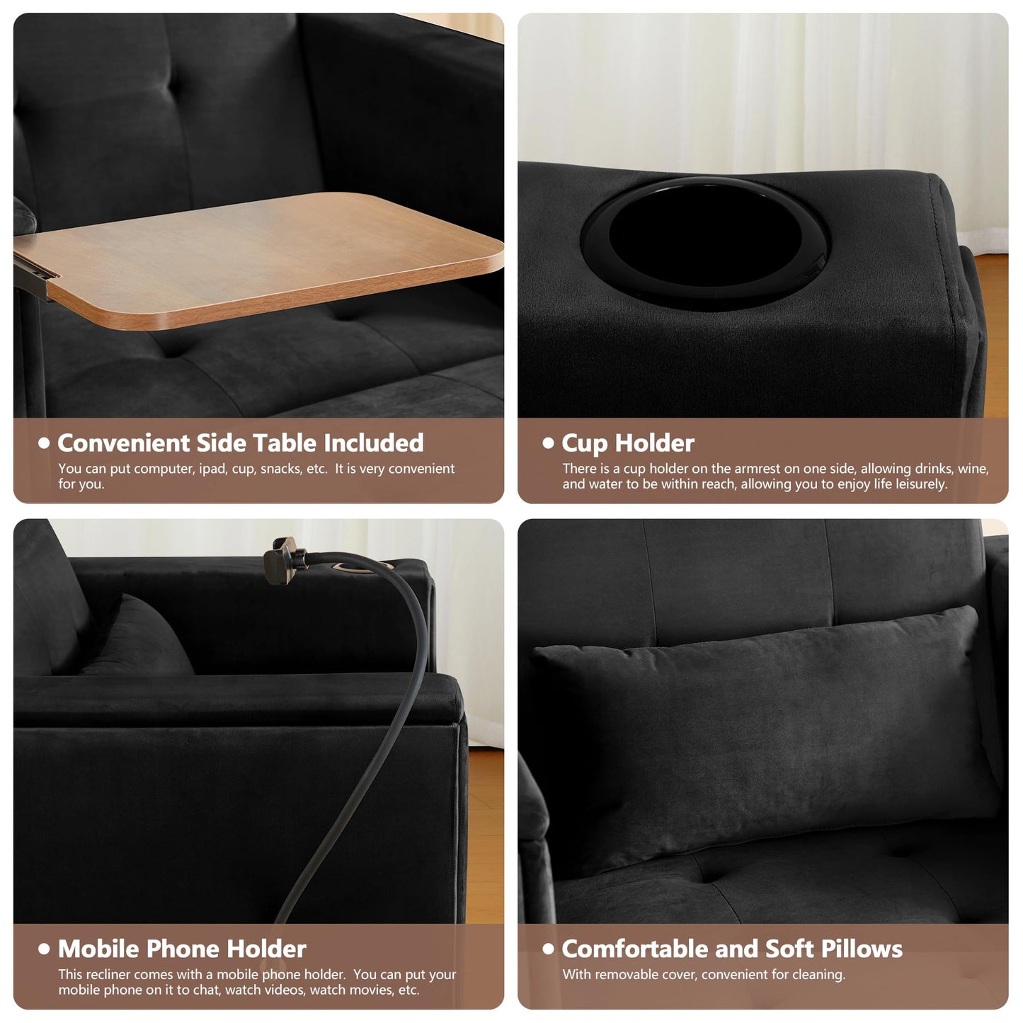 weselon Velvet Convertible Chair Bed, 3 in 1 Multi-Functional Lounge Chair Sleeper, Pull Out Couch Guest Bed with Hidden Table and Adjustable Backrest for Living Room Small Space Apartment (Black)