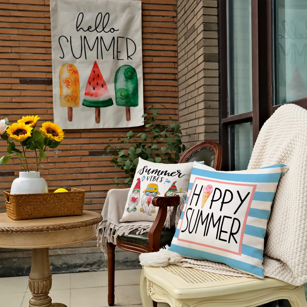 GEEORY Summer Pillow Covers 18x18 Inch Set of 4 Gnomes Popsicle Ice Cream Hello Sweet Summer Vibes Pillows Decorative Throw Pillows Summer Decorations Farmhouse Decor Cushion Case for Sofa Couch