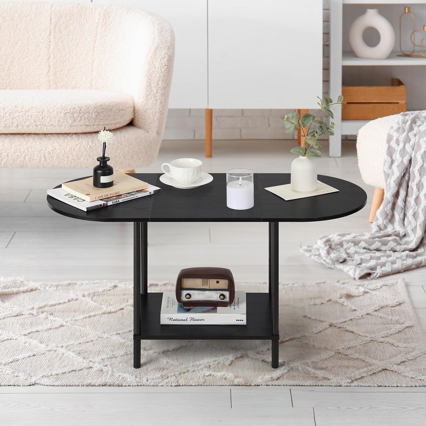 Coffee Tables for Living Room,2-Tier Small Coffee Table Industrial Modern Black Coffee Table with Storage Shelf and Wood Tabletop for Small Space,Home Office