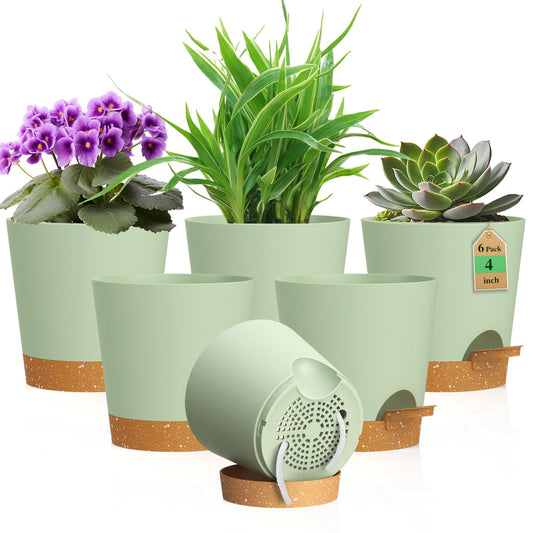 WSMKSZ 4 inch Self Watering Pots for Indoor Outdoor Plants, 6 Pack Plastic Flower Planters with Drainage Holes and Removable Saucers, Plant Pots with Wicking Rope, Modern Decor, Green Brown