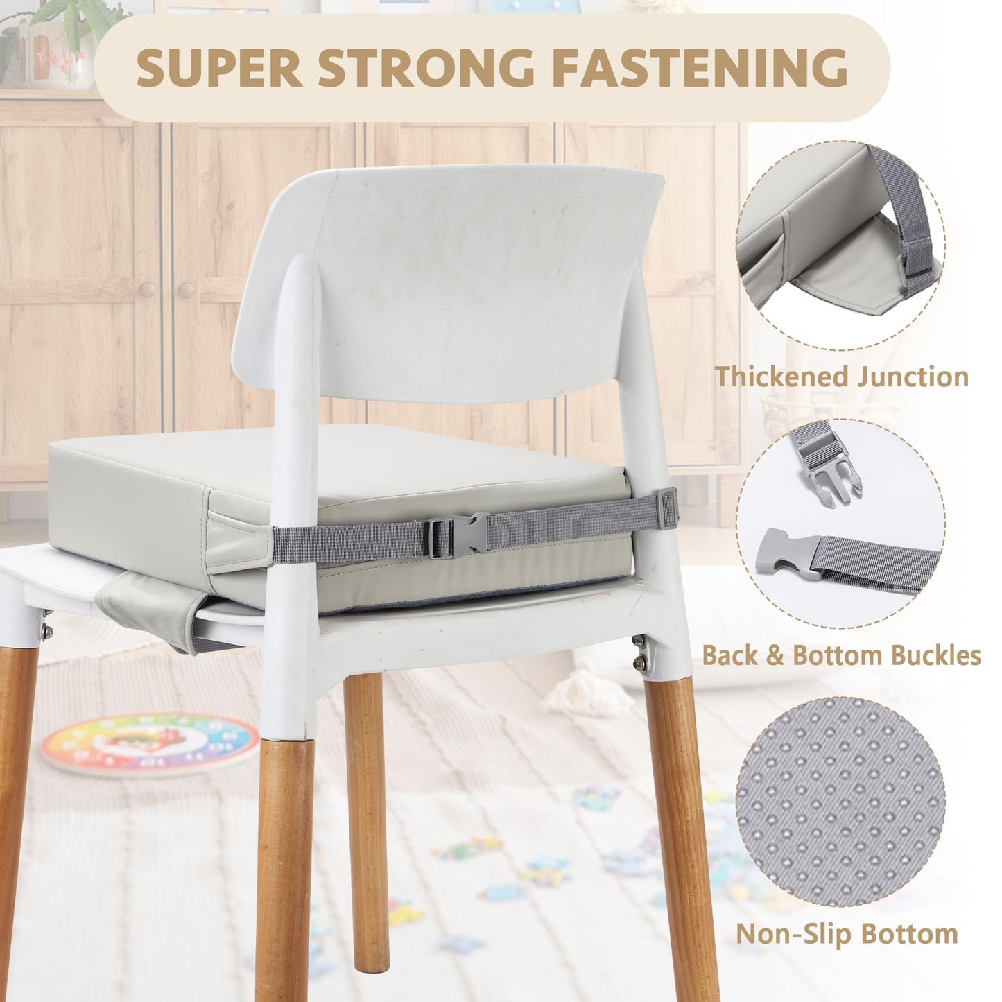 E1F1NN DOT Toddler Booster Seat for Dining Table (PU Material),Portable Kids Booster Seat with Safety Buckles, High Cushion for Travel with Non-Slip Bottom