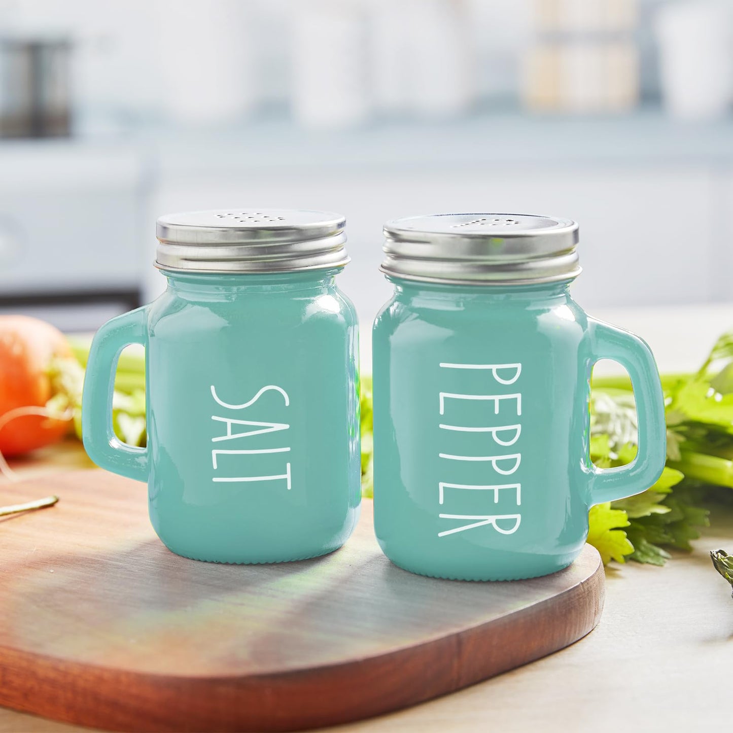 Turquoise Salt and Pepper Shakers Set - Teal Kitchen Decor and Accessories for Home Restaurants Wedding - Glass Salt and Pepper Set for Cooking Table, RV, BBQ, Easy to Clean & Refill