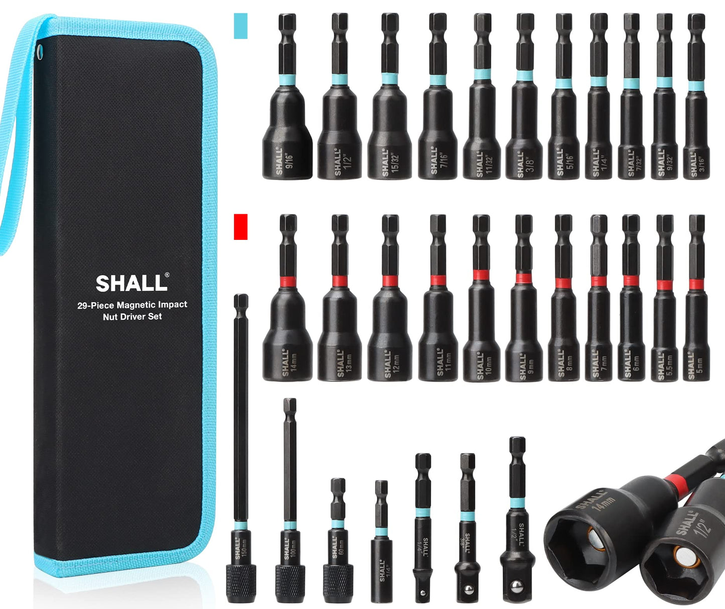 SHALL 29PCS Magnetic Nut Driver Set, Impact Drill Driver Bit 1/4" Hex Shank, SAE & Metric Cr-V Steel Power Nut Drivers with Quick-release Extensions, Impact Socket Adapters, Bit Holder and Storage Bag