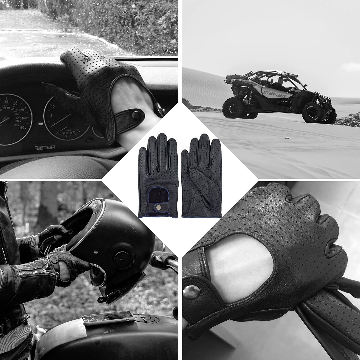 Zjjseloru Mens Genuine Lambskin Leather Driving Gloves Unlined, Touchscreen, Black&blue, XXL