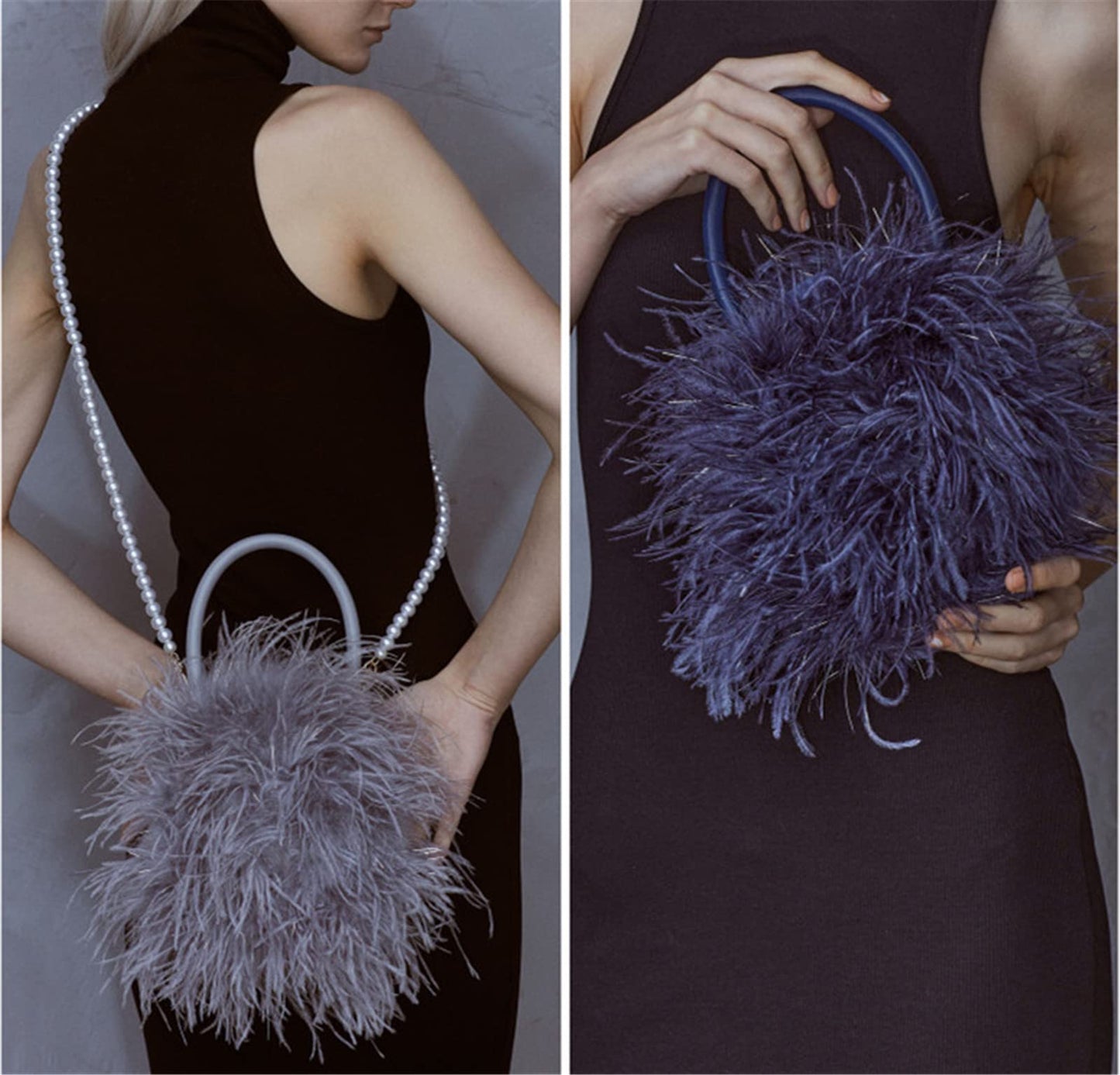 Skying Women's Real Ostrich Feather Evening Purse Handbag Clutch, Party Gift Wool Bag Wallet Tote For Winter (Pink)