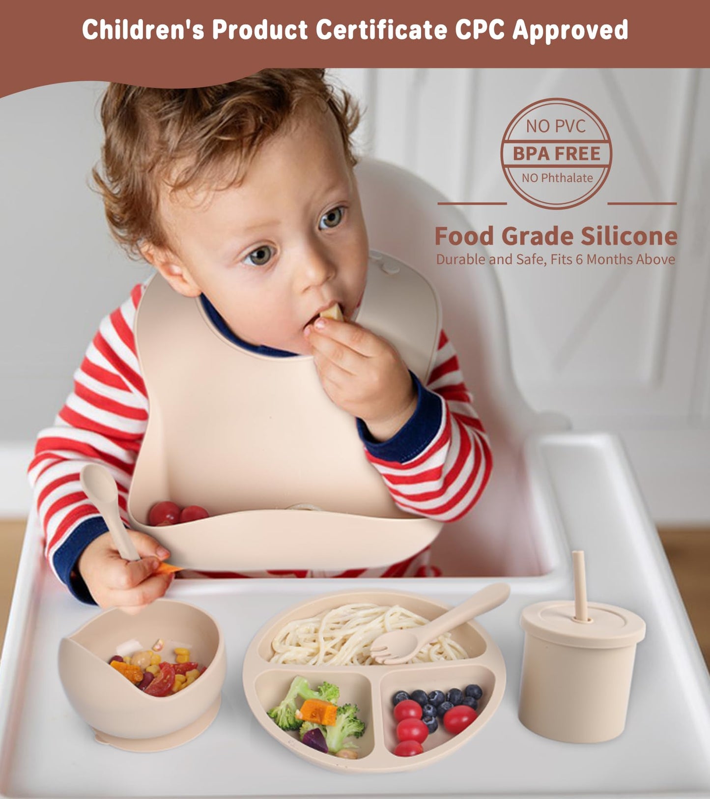 ECLIP Silicone Baby Feeding Set, 10 Pcs Baby Eating Essentials with Suction Bowl Divided Plate Adjustable Bib Soft Spoon Fork Snack Cup with Lid Drinking Cup, Utensil (Beige)