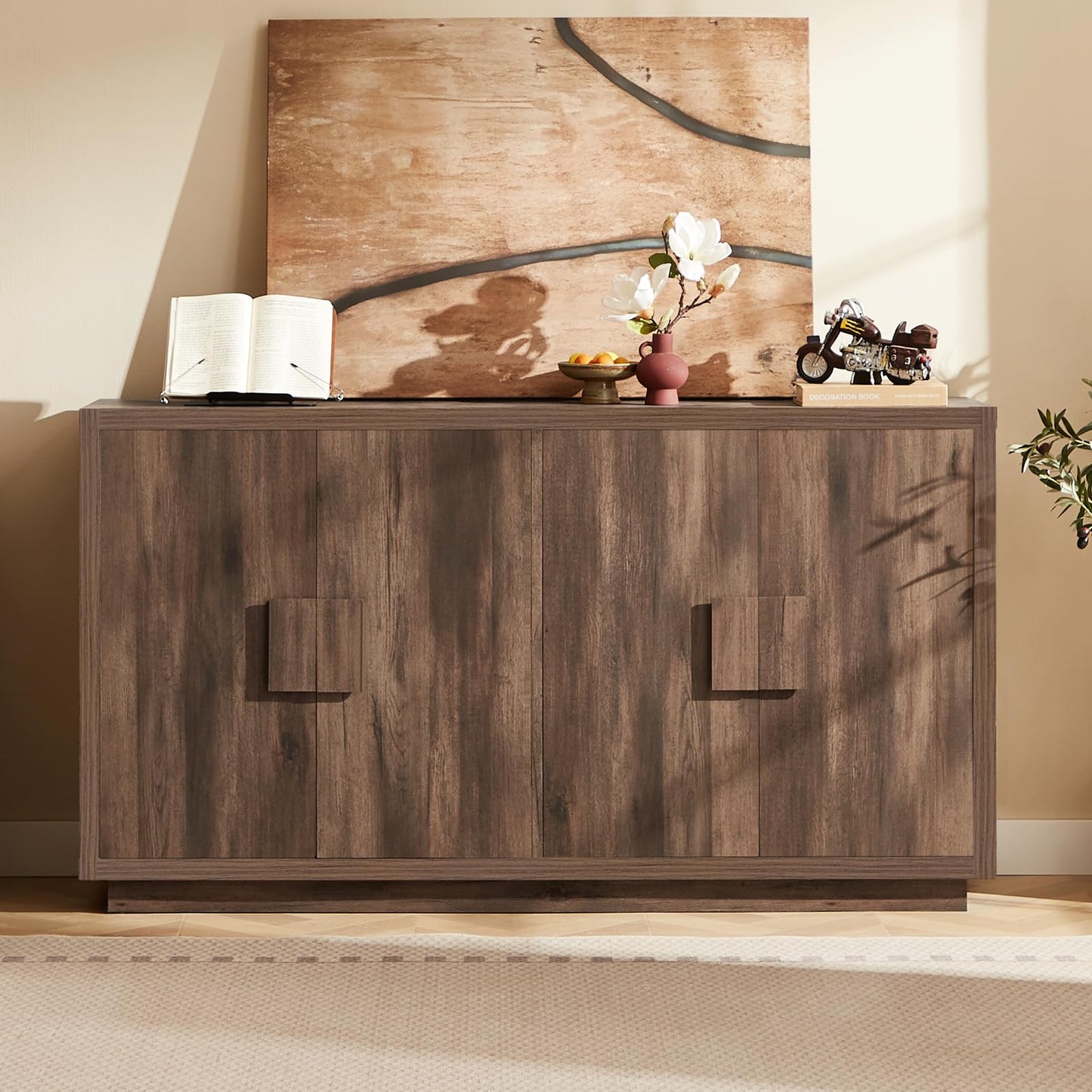 Lefurture 63 Inch Long Buffet Cabinet with Storage, Farmhouse Woodgrain Sideboard Modern Credenza with Doors & Shelves, Mid Century Coffee Bar Wine Bar Storage Cabinet for Living Room, Hallway