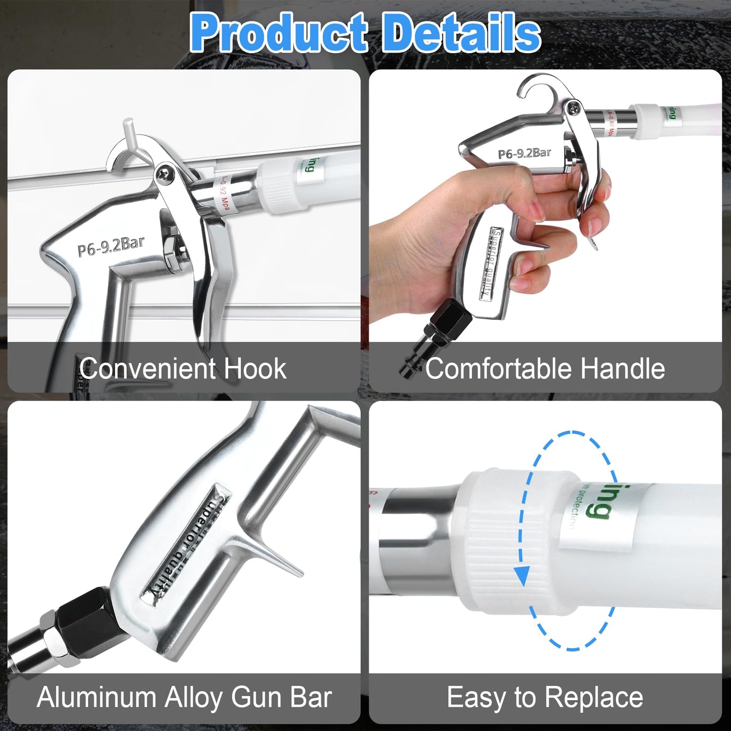 phepetroll Air Blow Gun Car Detailing Dry Cleaning Air Gun with Tapered Nozzle High Pressure Car Cleaning Tool, Car Dryer Air Blower for Car Surfaces Quickly Blasts Dust, Works with Air Compressor