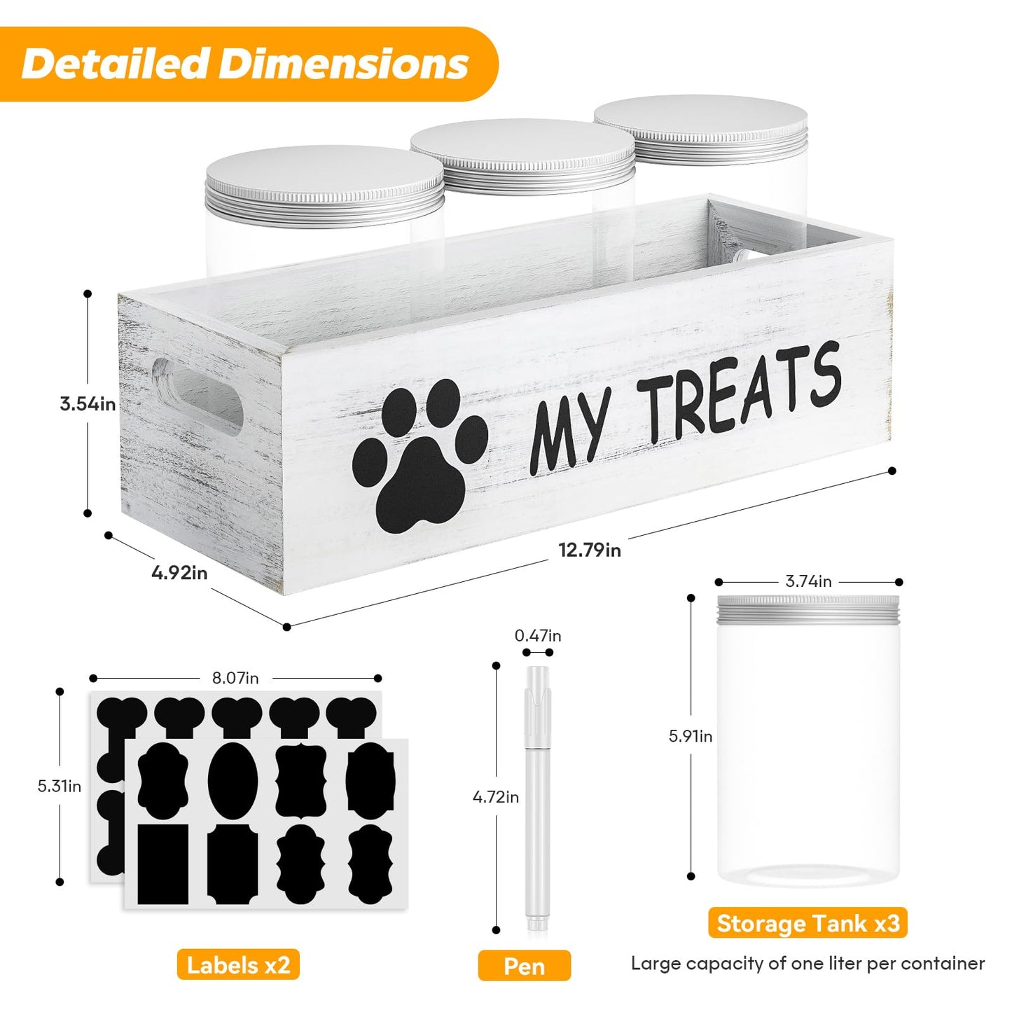 qeerable Dog Treat Container for Countertop - Dog Food Storage with 3 Jars - Pet Food Organizer For Puppy - Airtight White Wooden Dog Treat Storage With Lids - Great Gift for Pet Dog Owners