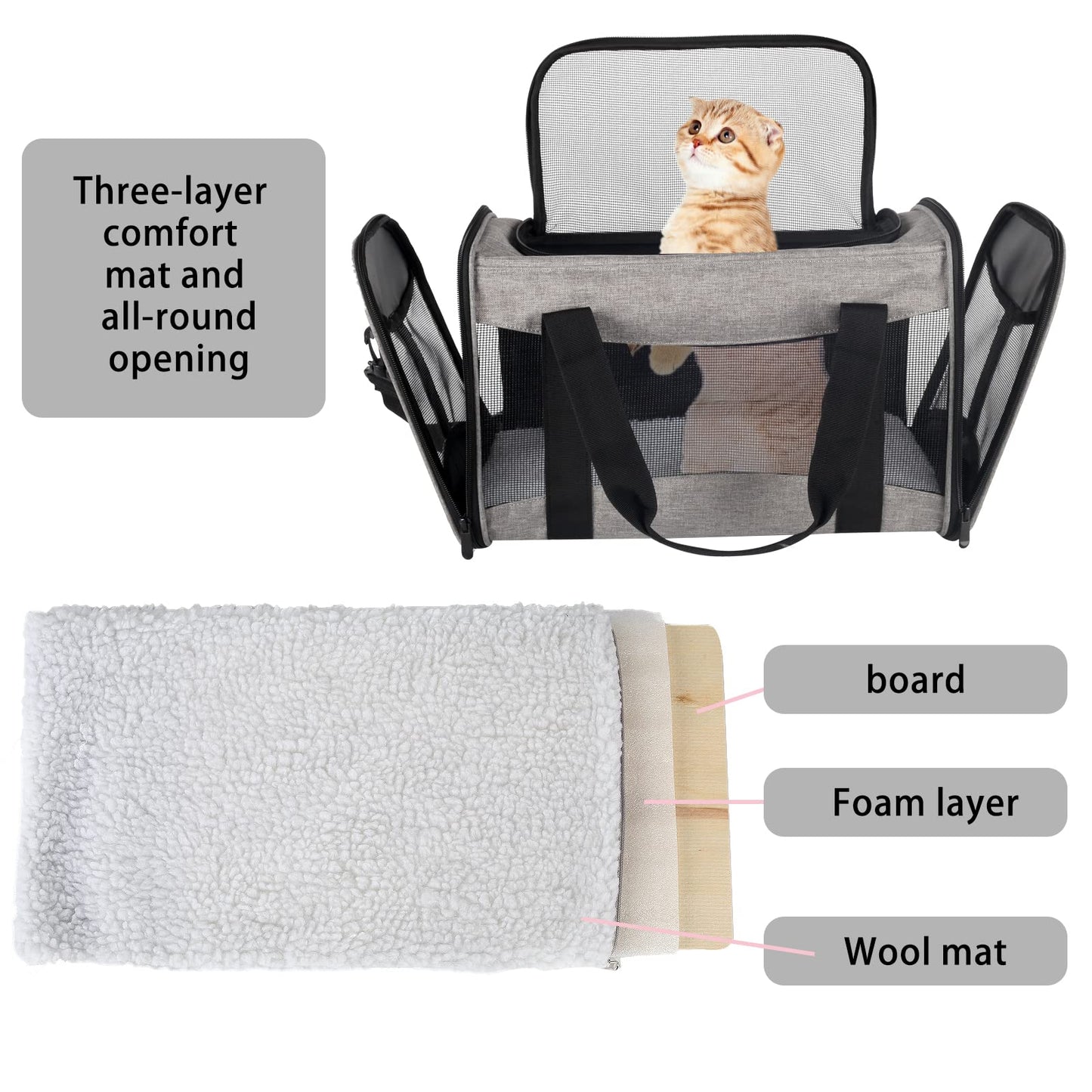 Cat Carrying Case - Pet Carrier Airline Approved, Protable and Breathable Pet Travel Carrier Removable Fleece Pad, Collapsible Cat Carrier Dog Carrier for Medium Cats Small Cats Dogs(15 * 10 * 10)