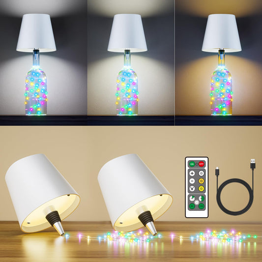 Wireless Bottle Lamp with Remote & Timer, Cordless Table Lamp with RGB String Lights, Rechargeable Touch Lamps with Dimmable & 3 Color Temps,Wine Bottle Light for Bedroom,Bar,Party,Gift (2 Pack)