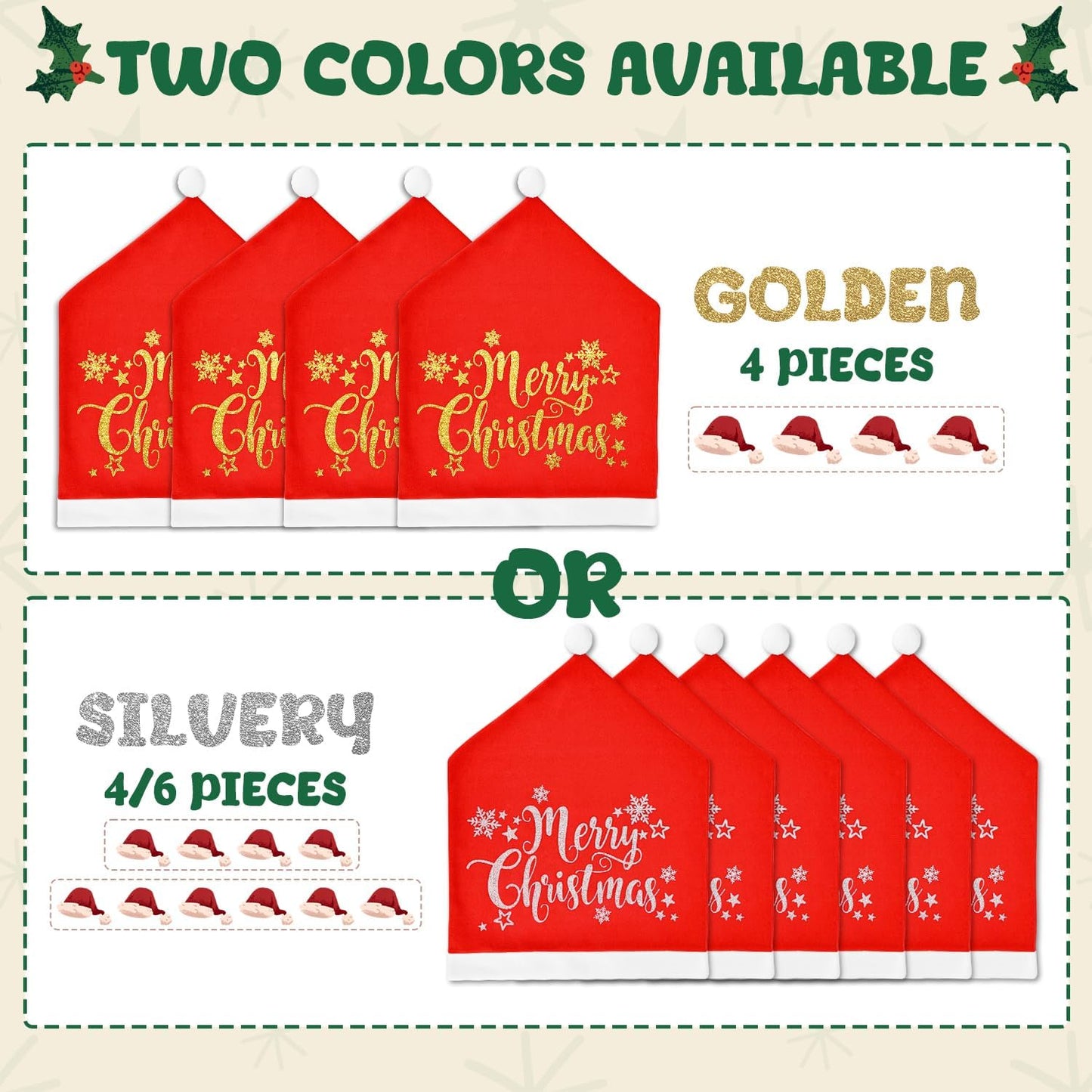 CreiYuan Christmas Chair Covers Set of 4 Santa Hat, Silver Glitter Print, High Resilience Pompon on Top, Size 25"x20", Christmas Decorations Indoor for Dining Room, Christmas Party Decorations