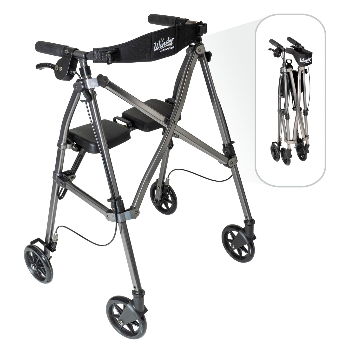 Stander Wonder Rollator, Lightweight Folding Space Saver Mobility Rolling Walker for Seniors and Adults, 6-inch Wheels, Locking Brakes, and Padded Seat with Backrest, Black Walnut