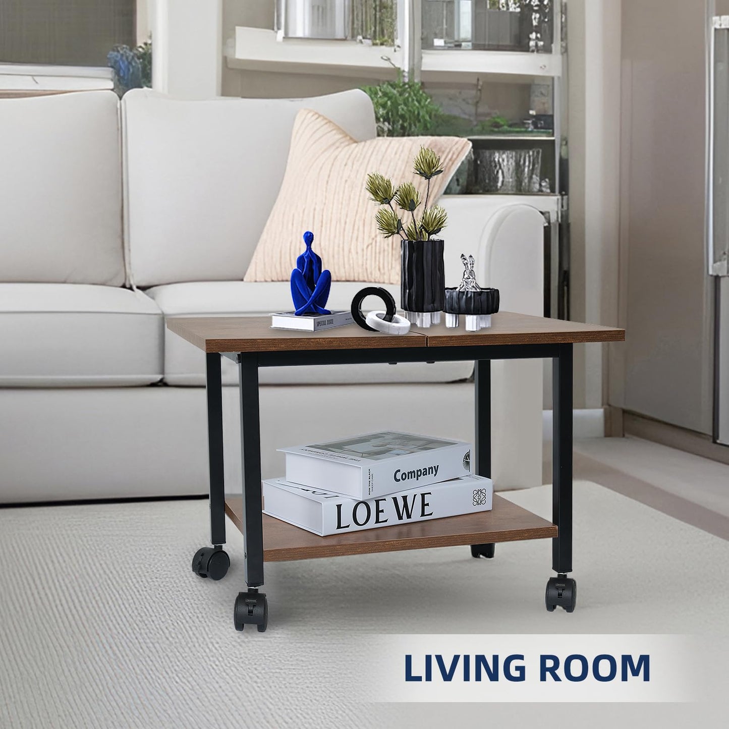 storenization Printer Stand with Storage Shelf, Small Printer Stand for Desk Office Home, Under Desk Printer Table with Rolling Wheels, Heavy Duty Mobile Machine Cart with Shelf, Rustic Brown