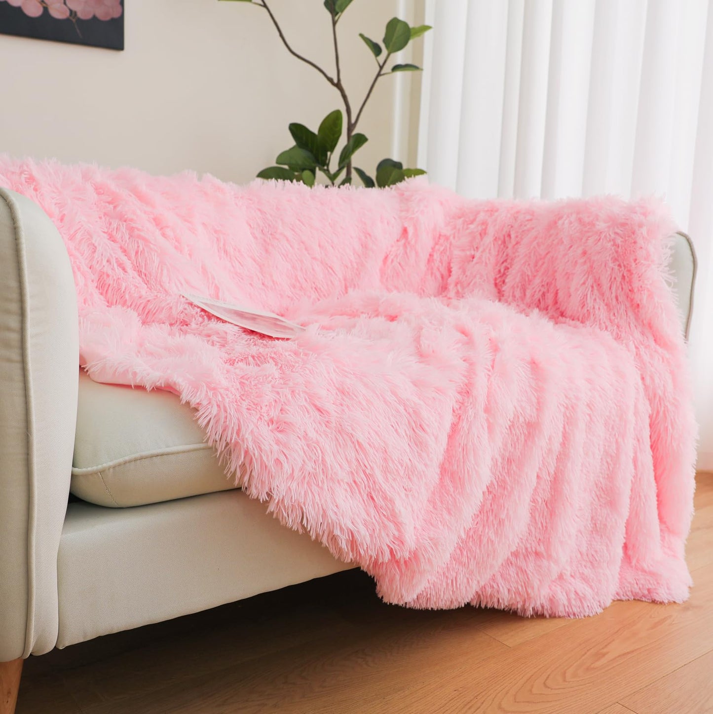 Pink Faux Fur Throw Blanket, 50" x 60" Fluffy Shaggy Plush Decorative Couch Blanket, Cute Furry Throw for Kids, Women, Men, Teen Girls