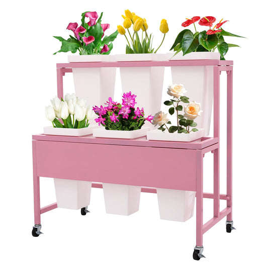 BAIODNB Flower Display Stand with 6PCS Buckets,2 Layers Metal Plant Stand With Wheels Plant Cart, Moving Florist Bouquet Shelf Flower Rack for Indoor, Outdoor Patio Garden, Living Room (Pinl+White)