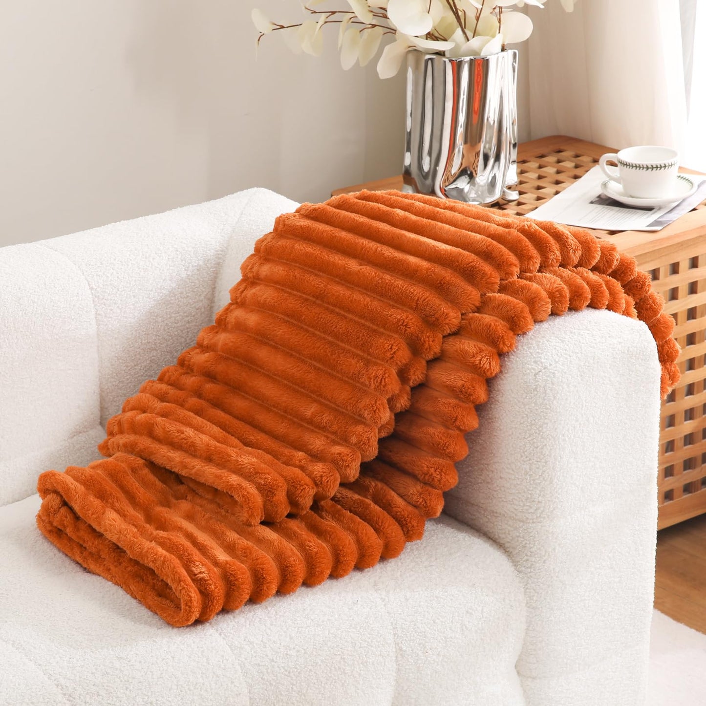 Excervent Solid Striped Flannel Fleece Blanket (50x70 inches, Burnt Orange) Cozy Throw Blankets for Couch Sofa and Bed, Super Soft Luxurious Warm Blankets for Household Living Room Bedroom