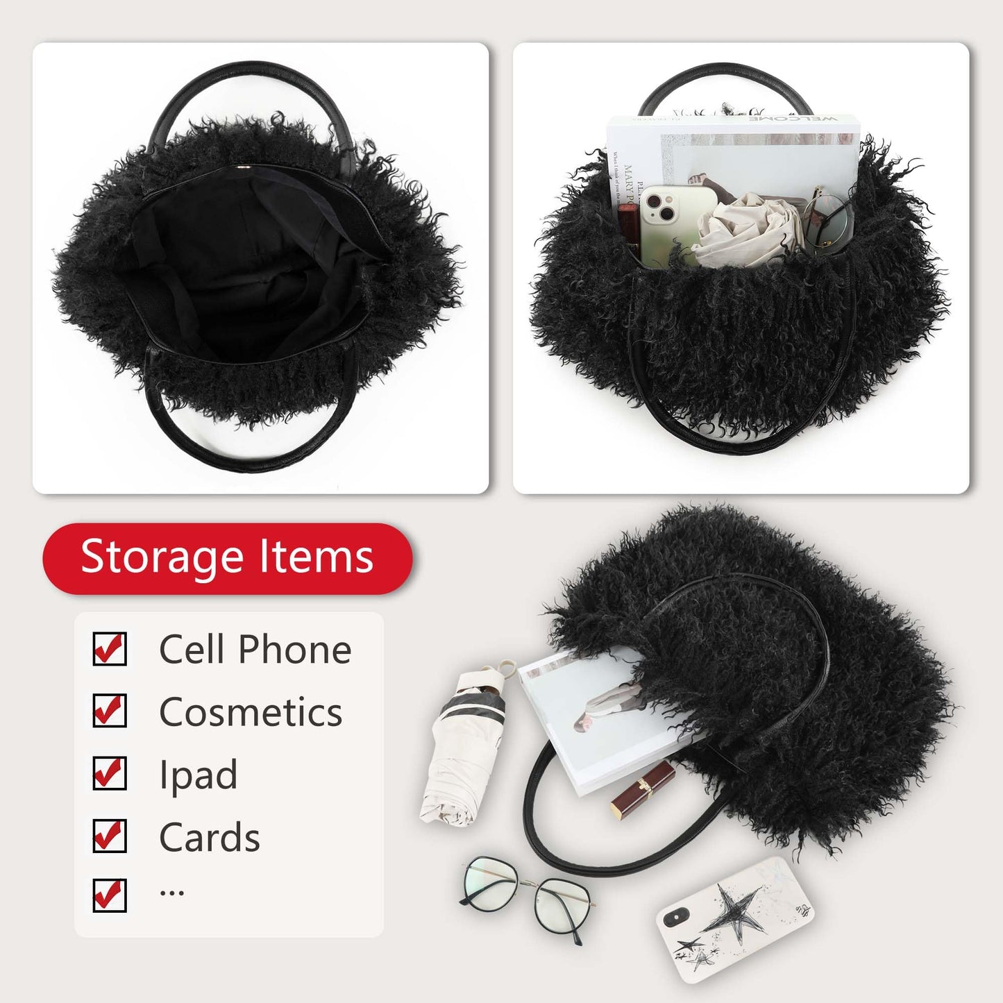 Women's Fuzzy Tote Bag Curly Handbag Furry Shoulder Bag Large Top Handle Purses Winter