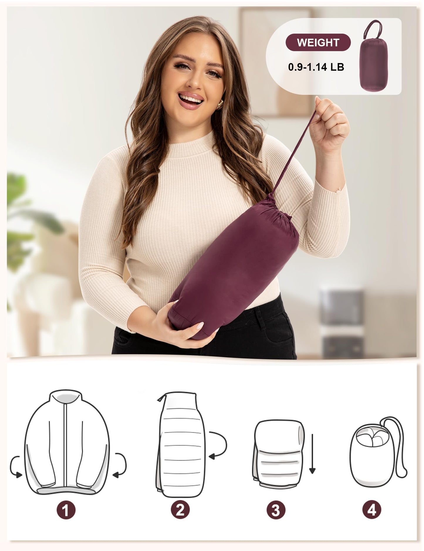 ANOTHER CHOICE Plus Size Puffer Jacket for Women, Lightweight Packable Stand Collar Winter Puffer Coat, Wine, 3X