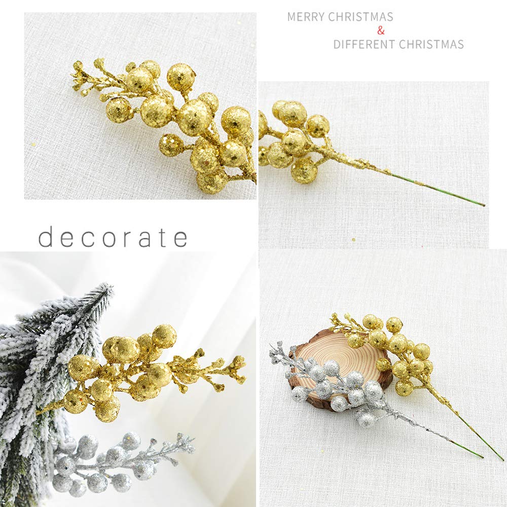 Artiflr 14 Pack Christmas Glitter Berries Stems, 7.8Inch Artificial Christmas Picks for Christmas Tree Ornaments, DIY Xmas Wreath, Crafts, Holiday and Home Decor, Gold