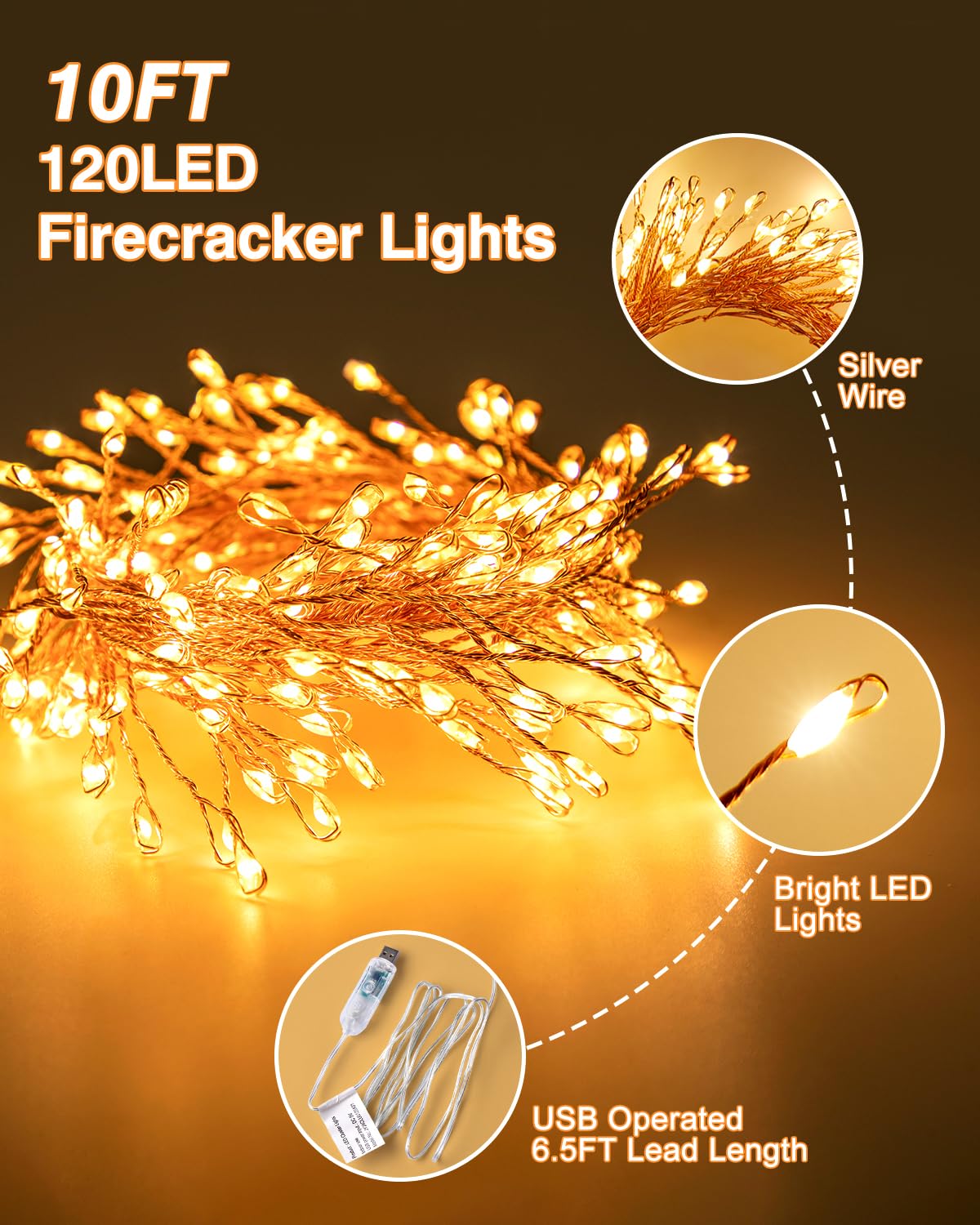 Minetom LED Firecracker Cluster Lights - 10FT 120LED Plug in Twinkle String Lights with Remote, USB Powered Silver Wire Light for Bedroom Wreath DIY Party Wedding Christmas Holiday Decoration
