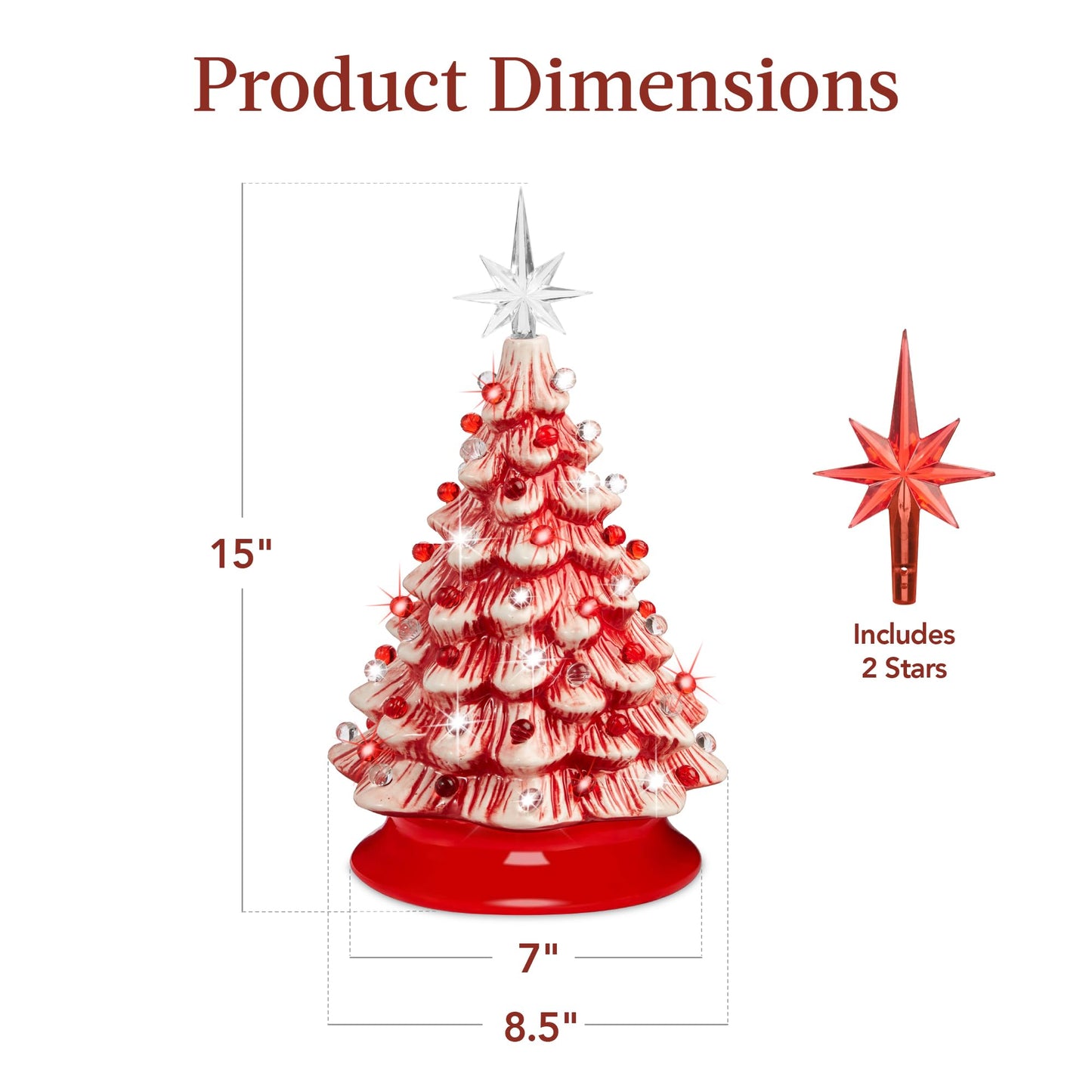 Best Choice Products 15in Ceramic Christmas Tree, Pre-lit Hand-Painted Tabletop Holiday Tree, 2 Star Toppers, 64 Lights - Peppermint w/Red and White Bulbs