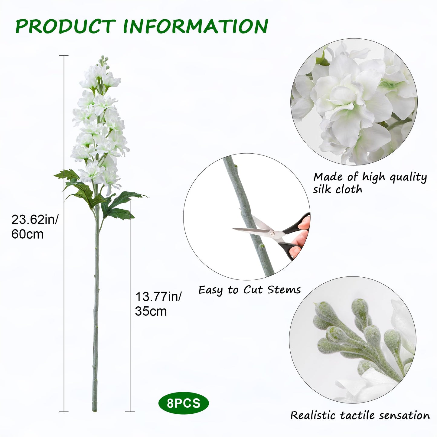 Fake Flowers Artificial Flowers Delphinium Fake Flowers 23.6” Long Stem Artificial Flowers for Tall Vase Silk Flowers for Home Decor Indoor Wedding Aisle Decoration Spring Flowers (White) 8Pcs