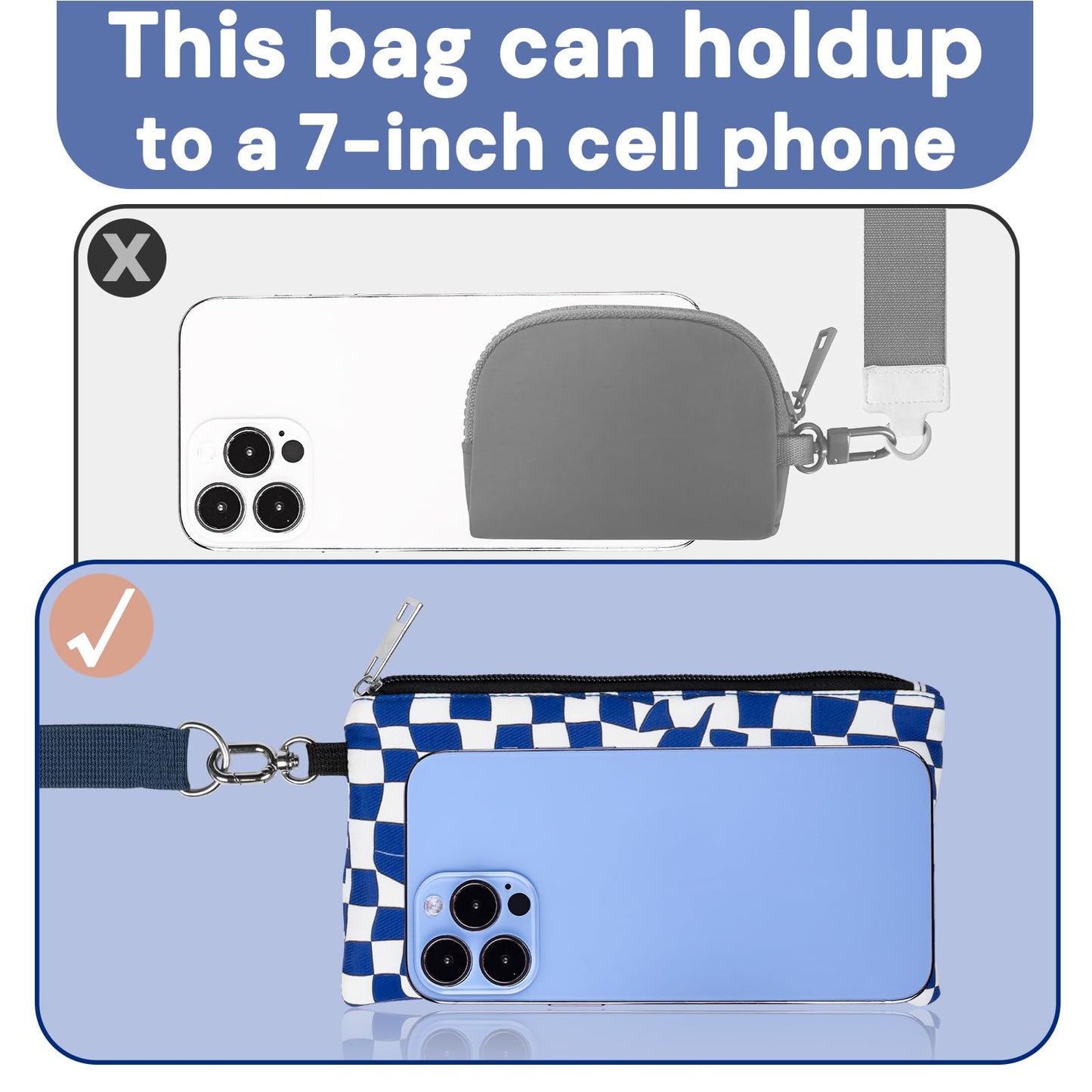 Chanoyu Printed Mini Zip Around Keychain Wristlet Wallet – Large Capacity Dual Pouch Detachable Coin Purse with Keychain, Fits Phone, Soft Nylon, Water-Resistant, Perfect for Daily Use (Blue Check)