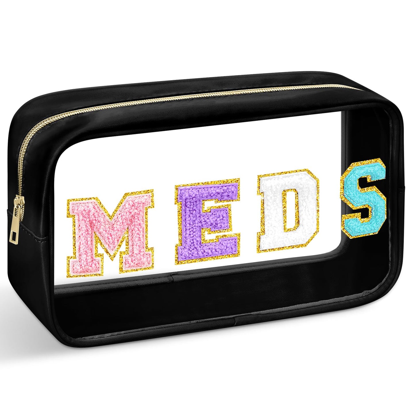 Geetery Chenille Letter Bag Nylon Portable Makeup Cases Preppy Patch with Zipper Cosmetic Toiletry Storage Bag for Women(Black,Original MEDS)