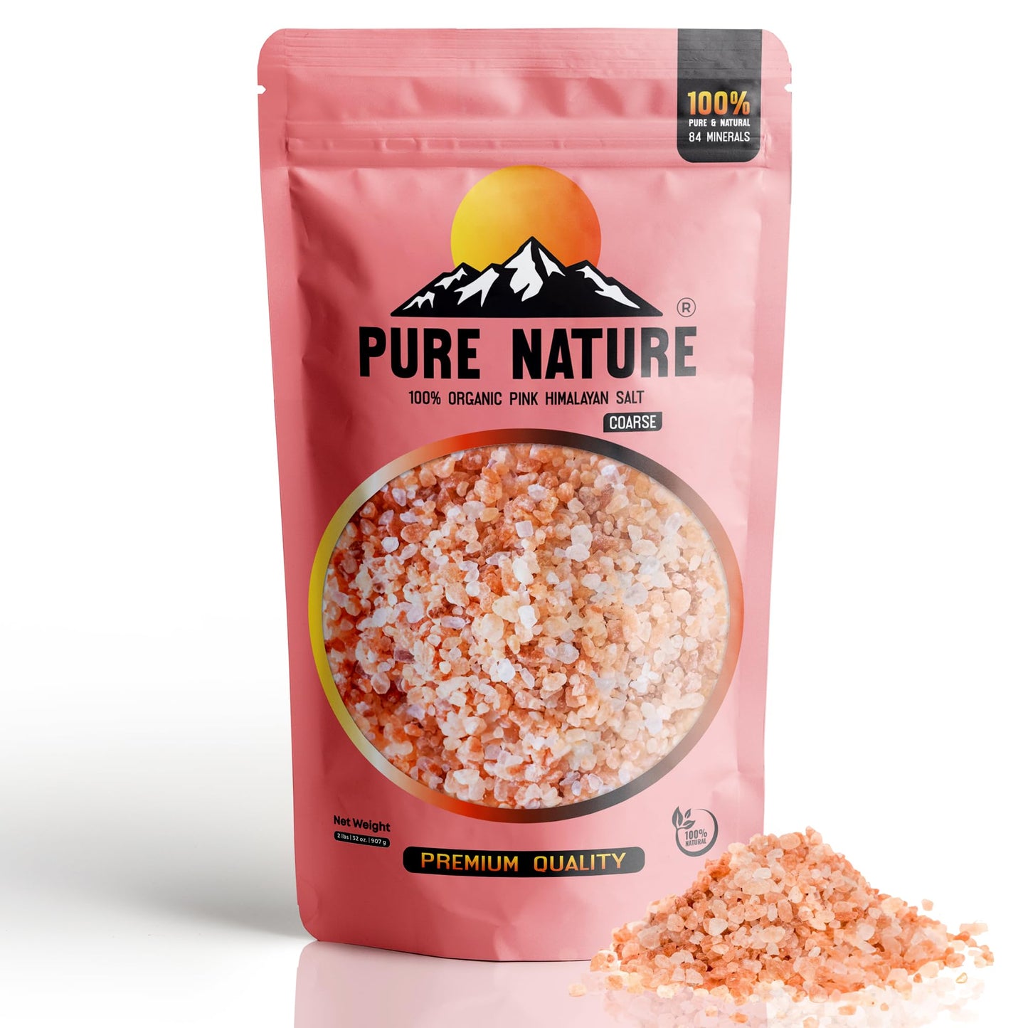 PURE NATURE Himalayan Pink Salt 2lb Coarse Grain Pouch, Natural Unprocessed Rock Salt with 84 Minerals Bulk Gourmet Salt for Cooking Grilling, Boosts Electrolytes and Balances Body pH