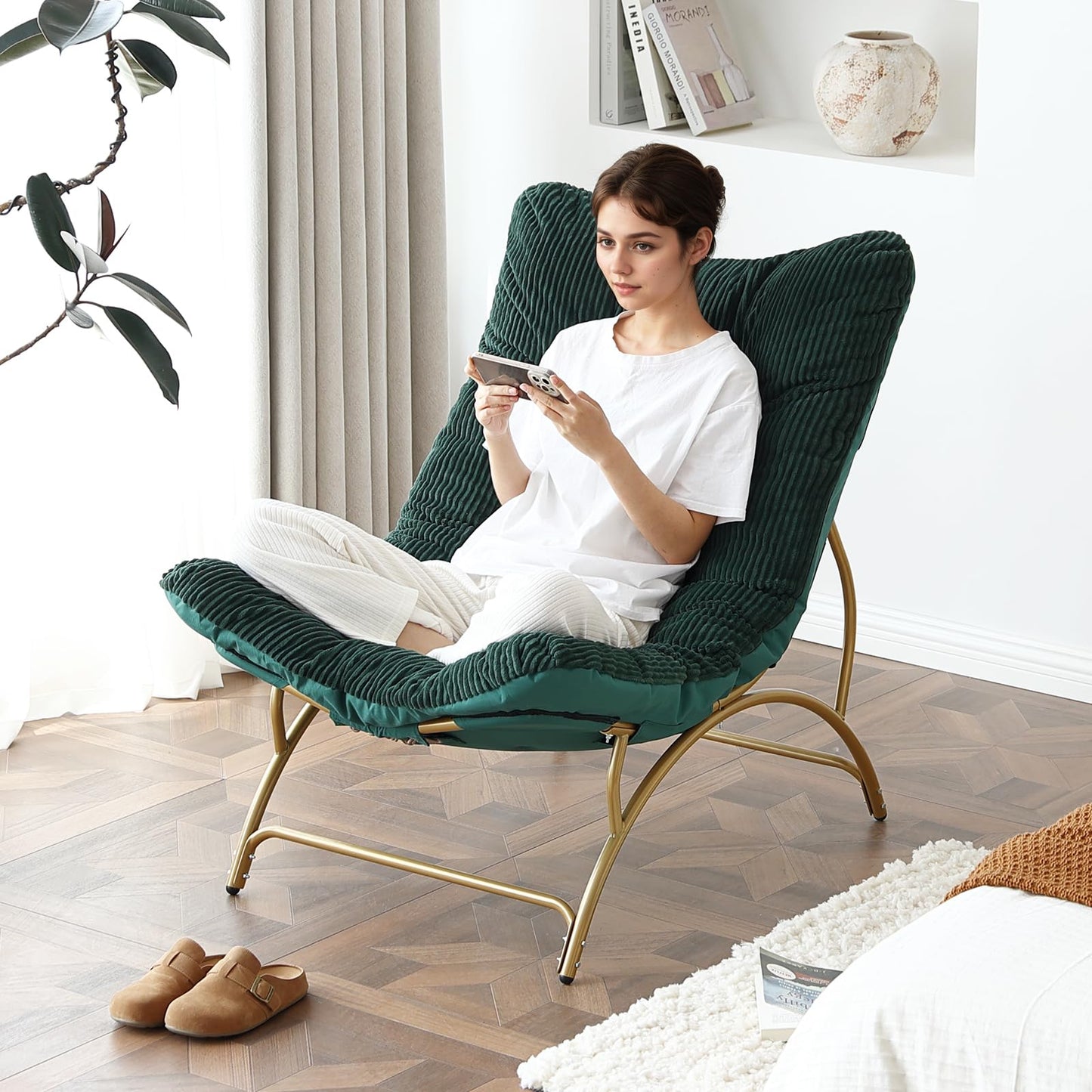 Welnow Accent Lounge Lazy Chair, Comfy Soft Leisure Metal Frame Reading Chair, Upholstered Thick Cushion Seated Recliner Sofa for Living Room, Bedroom, Dorm, Dark Green