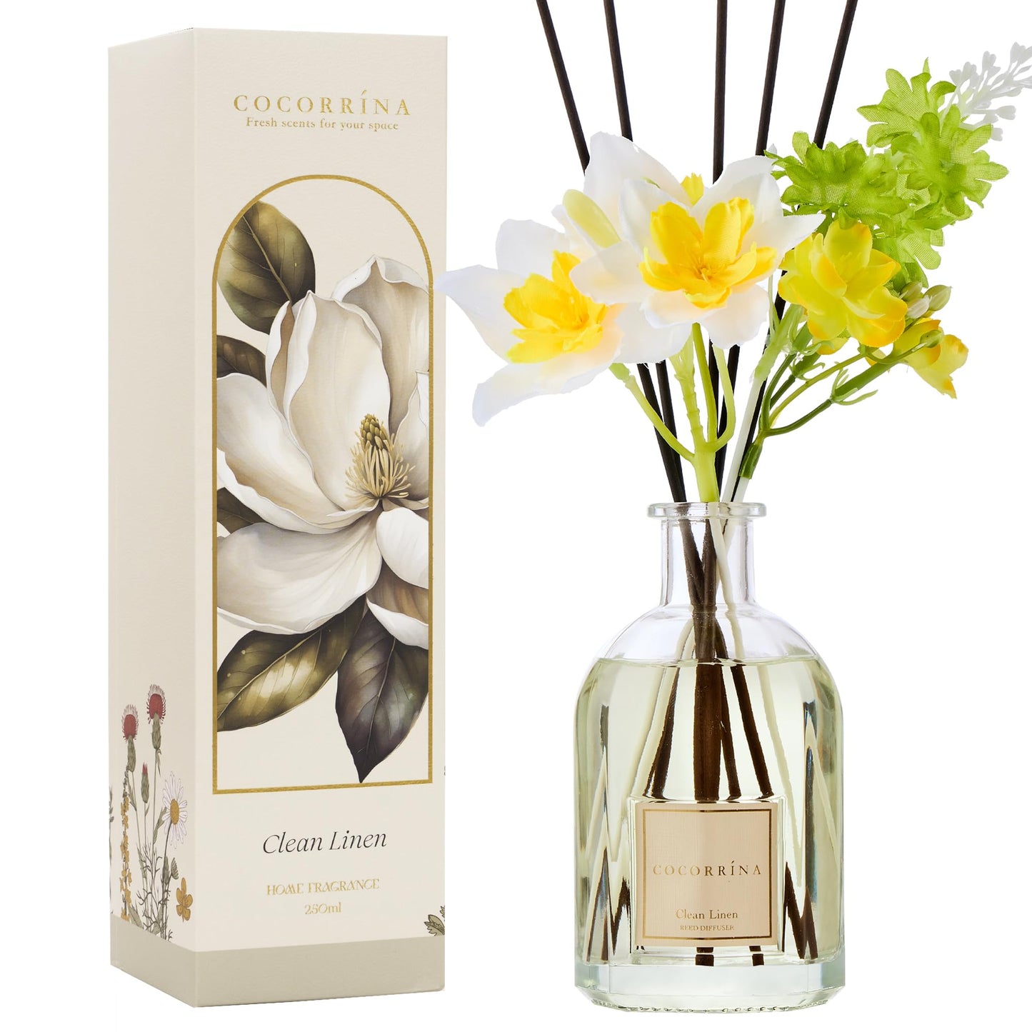 COCORRÍNA Reed Diffuser - Clean Linen 8.5 Fl.oz/ 250ml Flower Diffuser with 8 Sticks, Reed Diffusers for Home Bathroom Shelf Decor (Botanical Flower Collection)